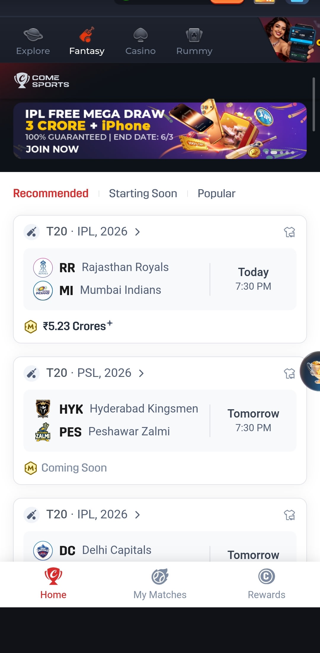 Batwin Live IPL Matches — T20 Fantasy Contest Selection Screen