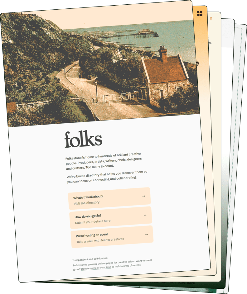 project screenshots stacked like a spread of card