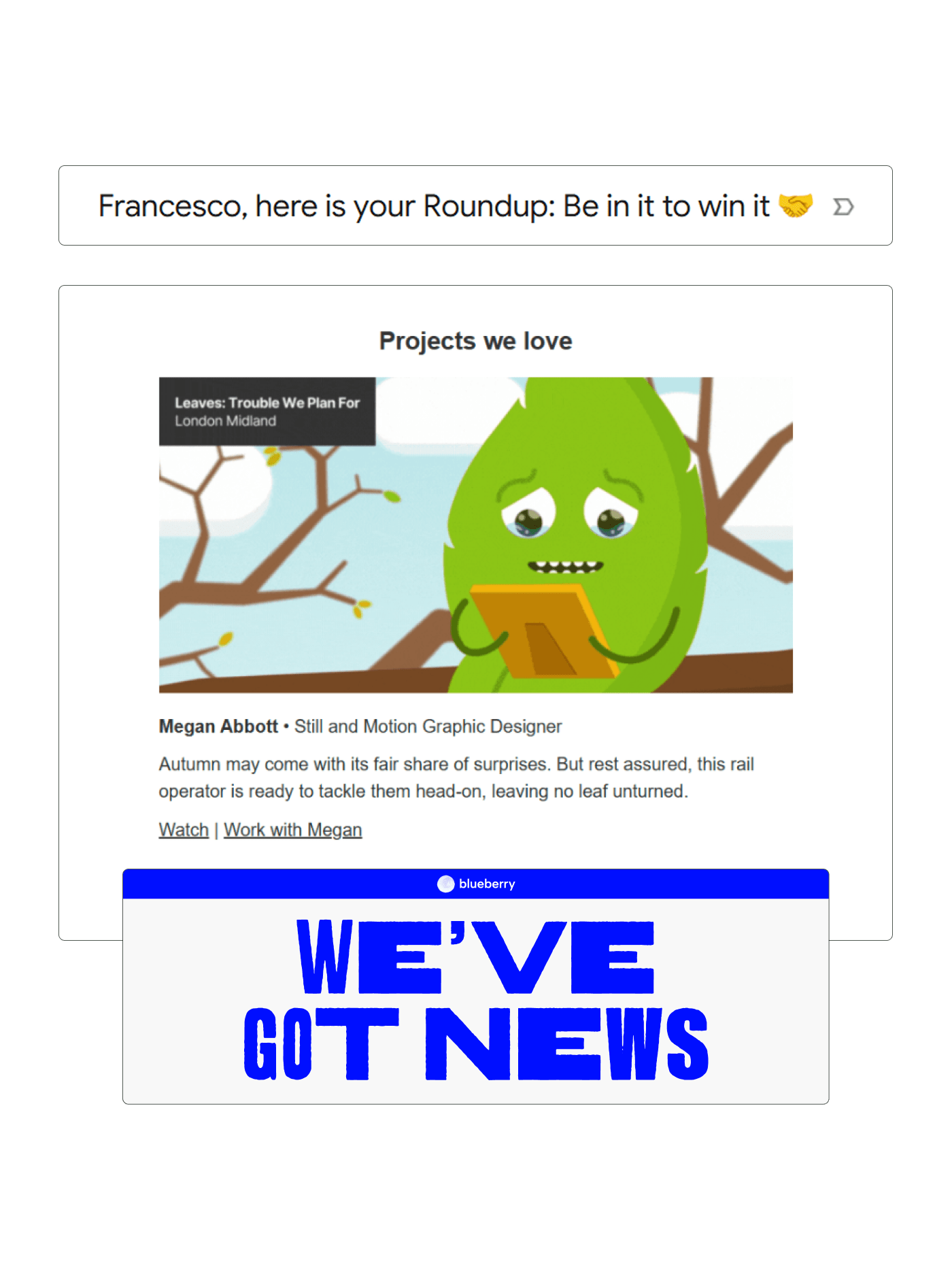 screenshot of a newsletter edition alongside screenshot of subject line in an inbox