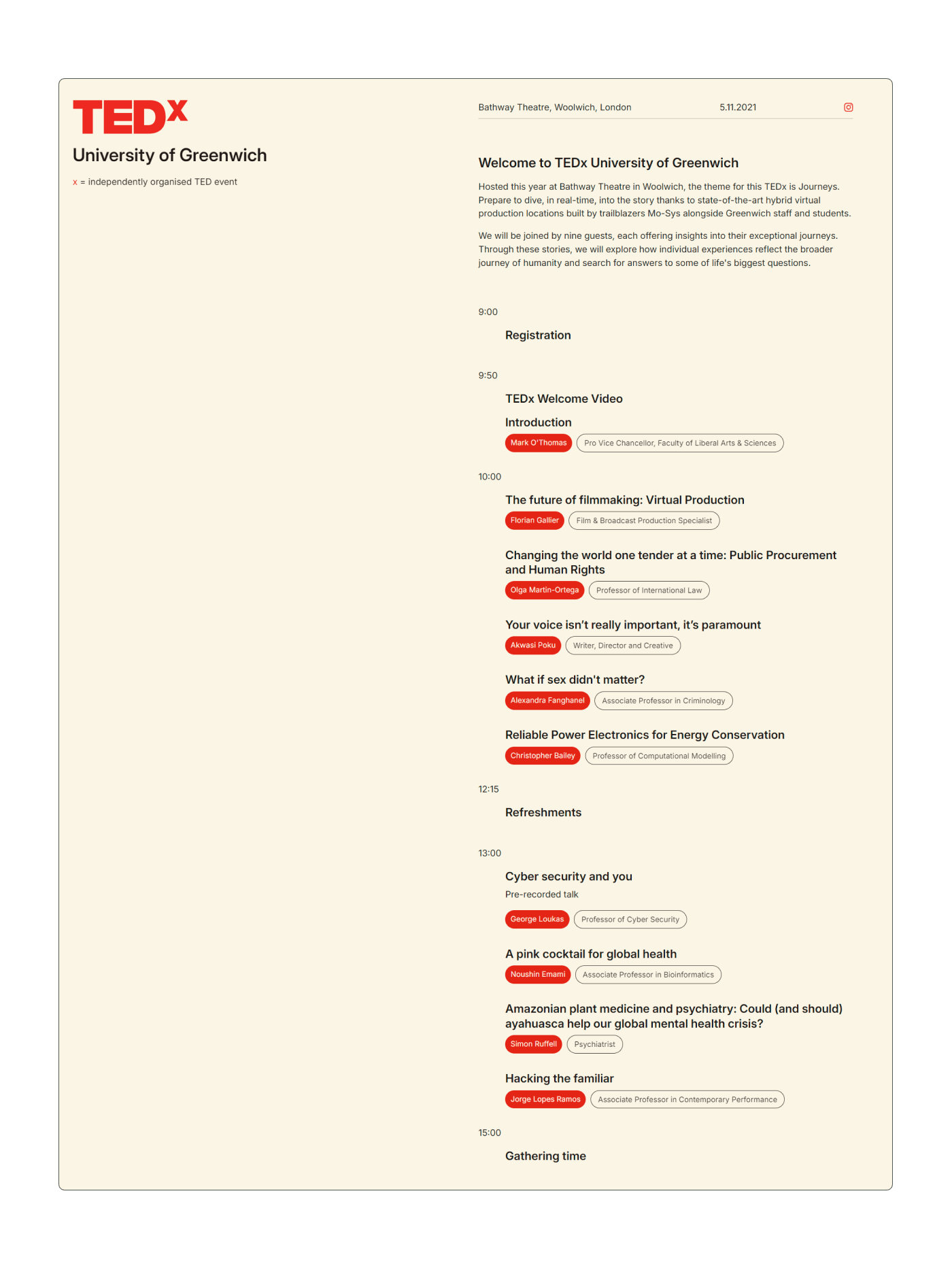screenshot of the TEDx Universty Greenwich 2019 website