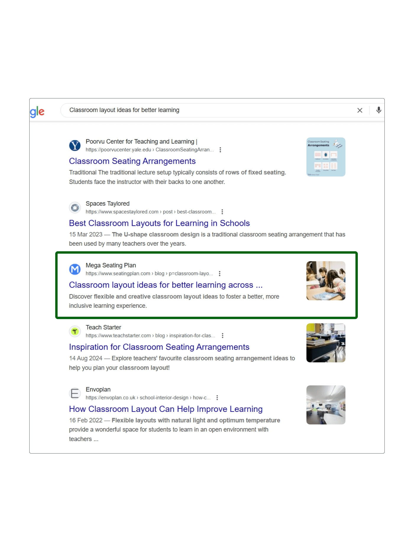 a Mega Seating Plan blog post showing up in the first page of Google