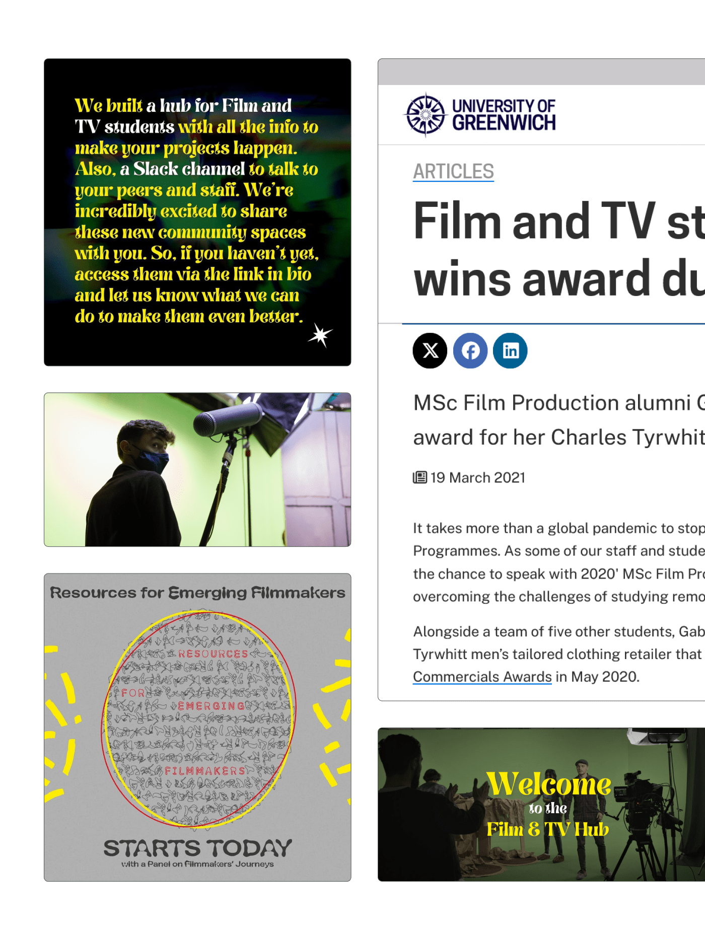 selection of pr stories, social media posts, and industry updates I created for the University of Greenwich