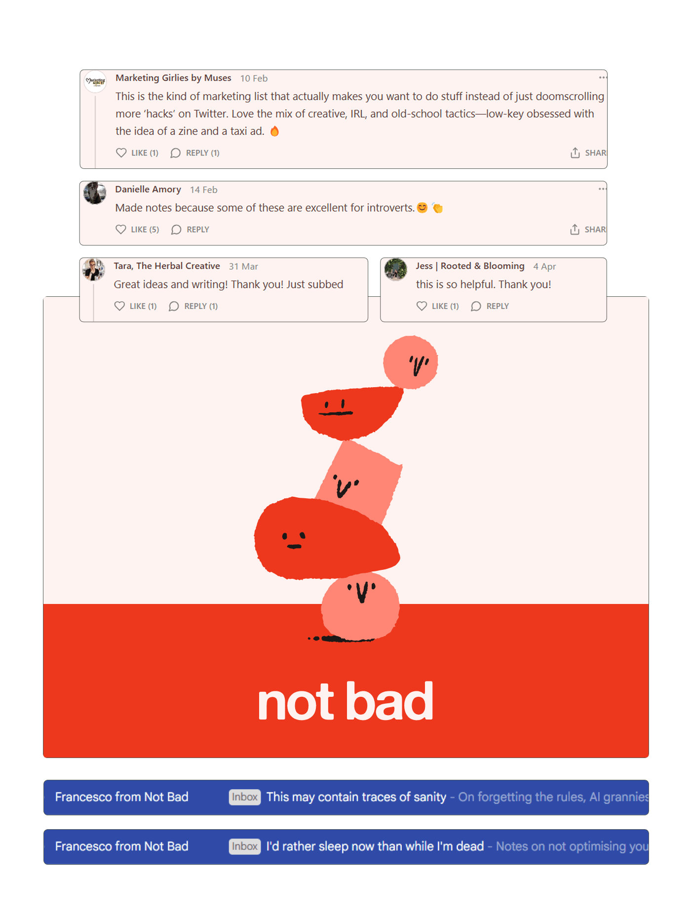 Not Bad newsletter logo alongside comments from readers and screenshots of subject lines