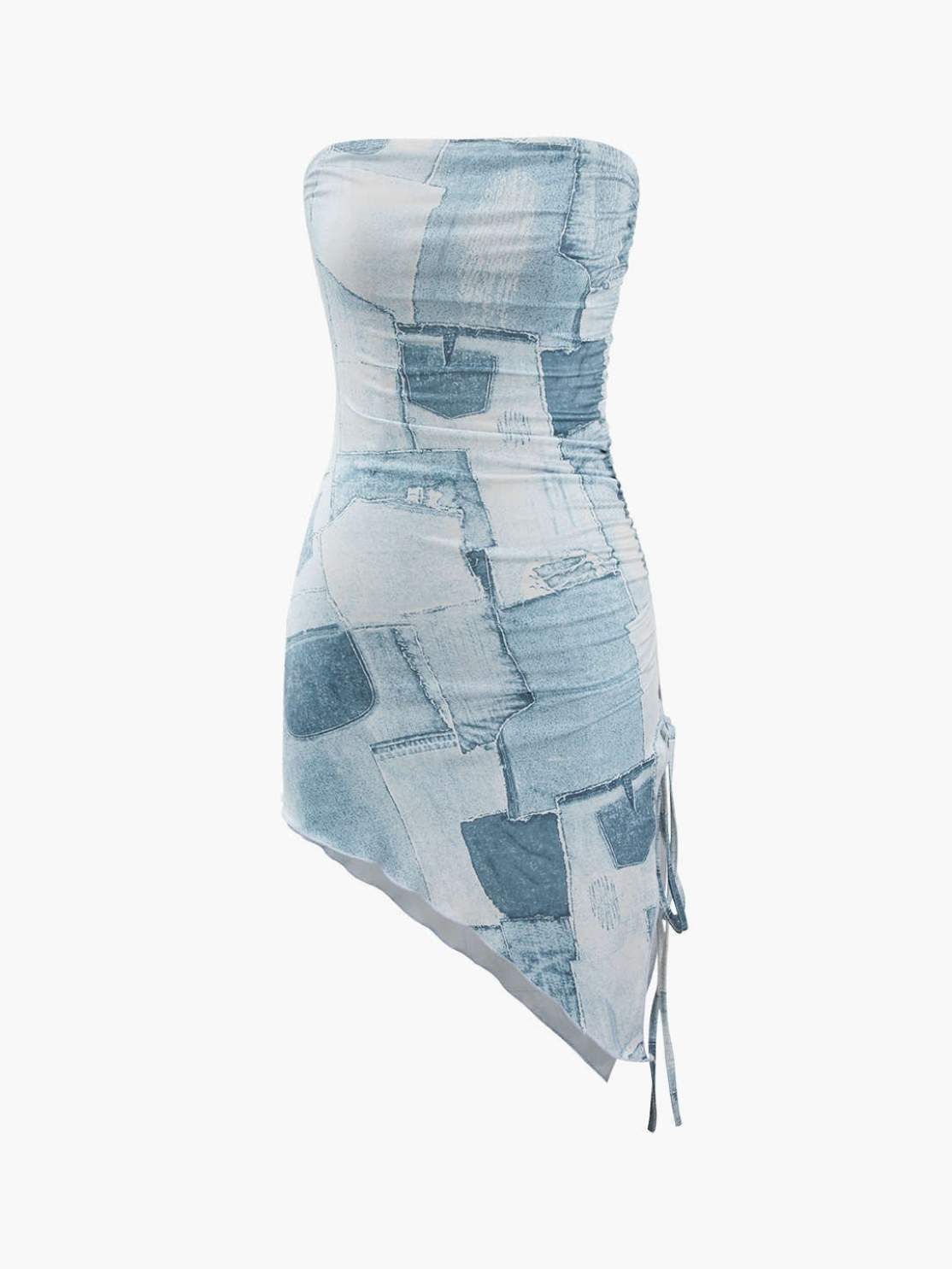 Fashion Denim Printing Drawstring Irregular High-Low Hemline Tube Dress 