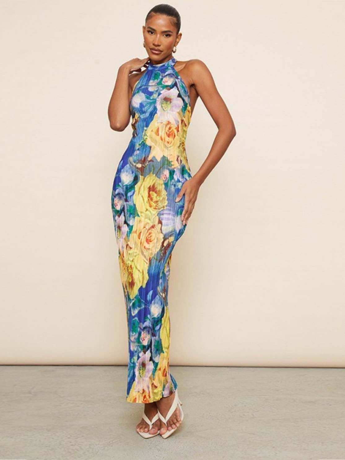 Printed Sleeveless Halter Tied Dress