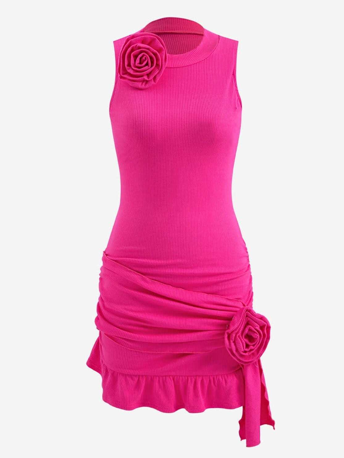 Rose Corsage Rib Knit Ruffle Hem Mini Dress