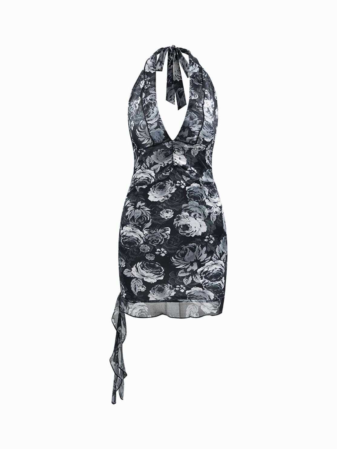 Flower Print Sleeveless Halter Neck Sexy Dress