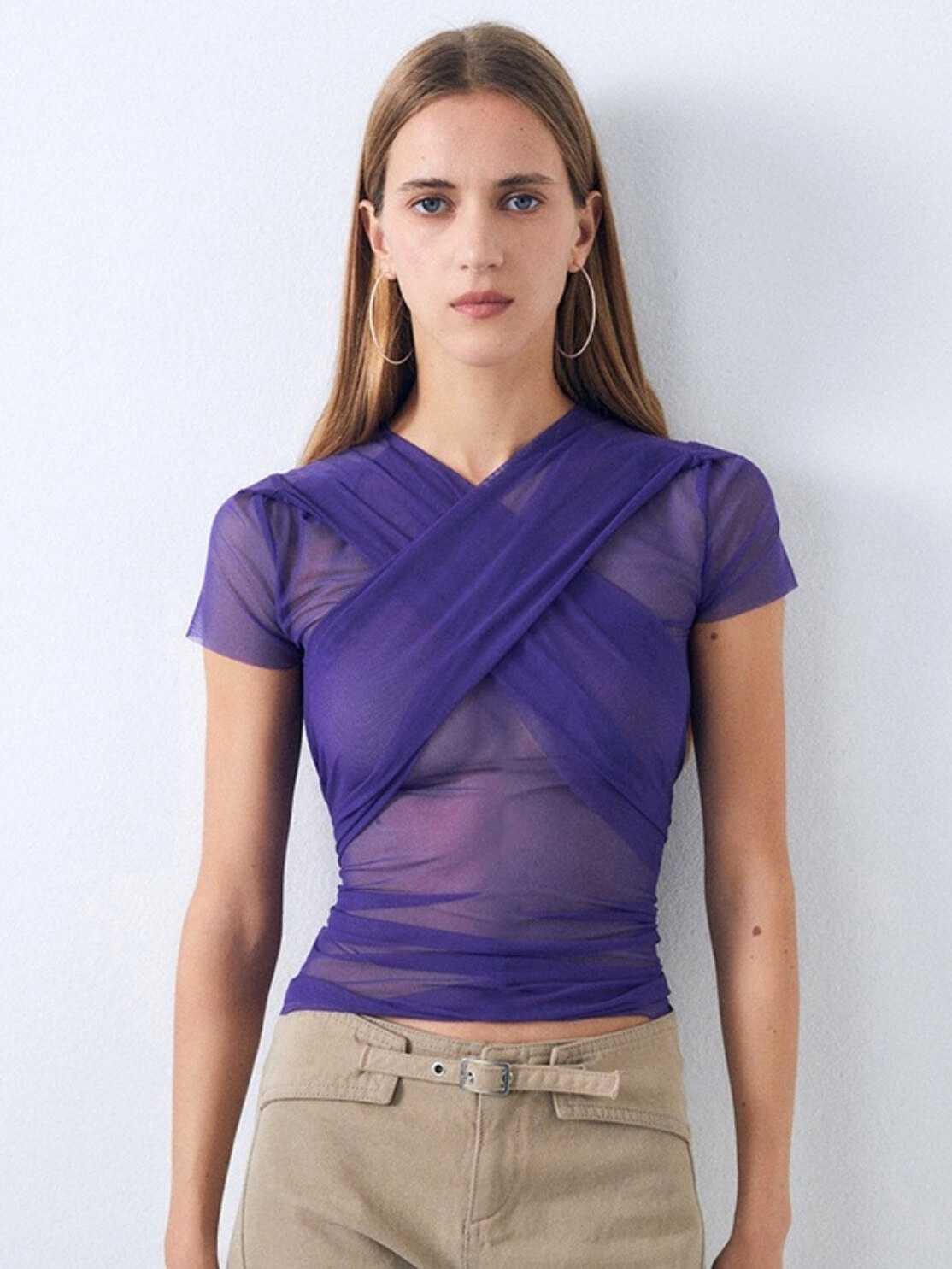 Strap Mesh See-through Short-sleeved Top