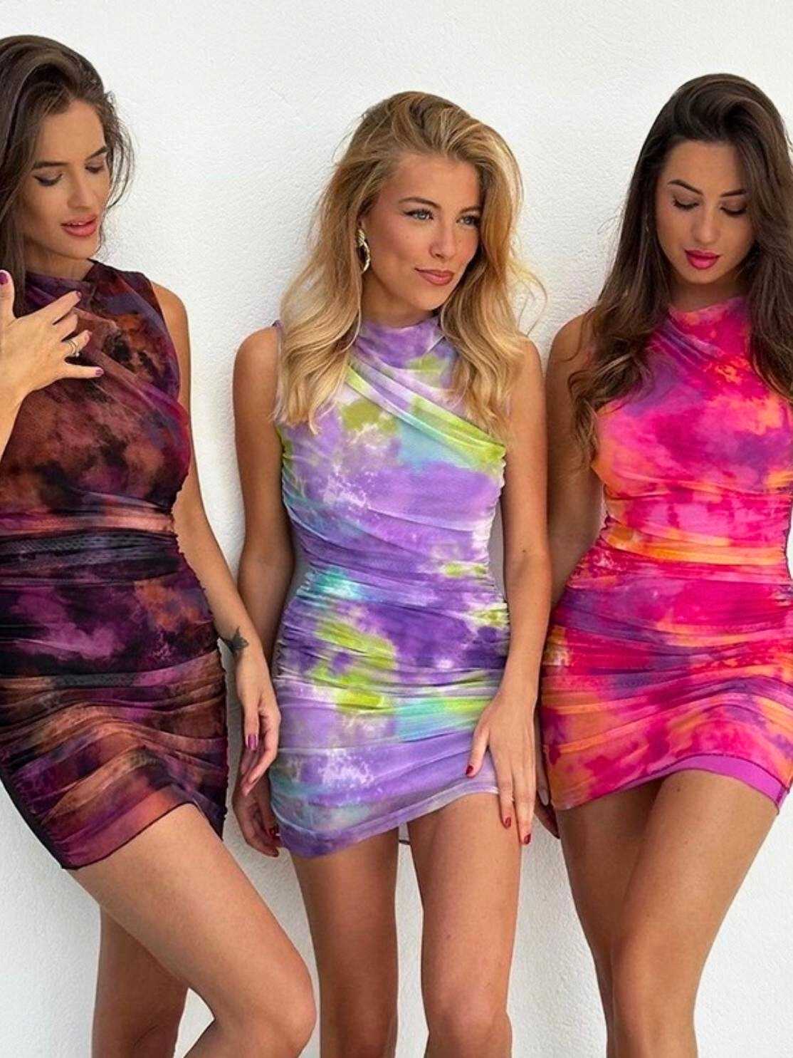 Round Sleeveless Tie-dye Mesh Dress