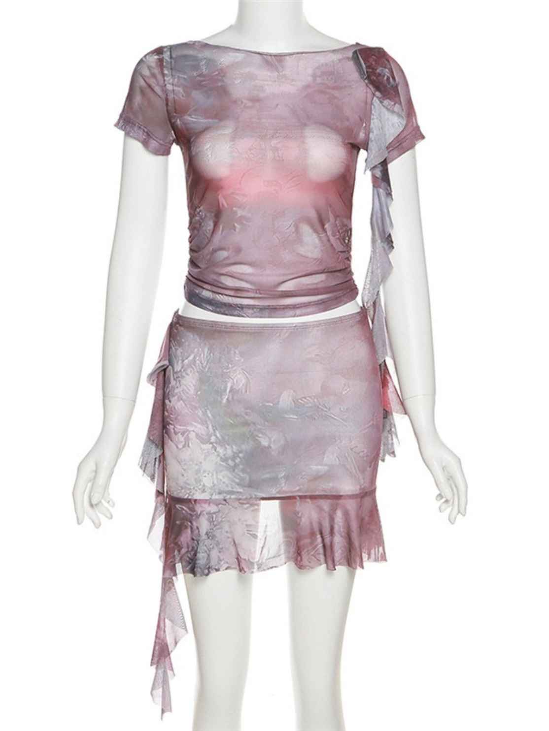 Mesh Printed T-shirt High Waist Skirt Casual Suit