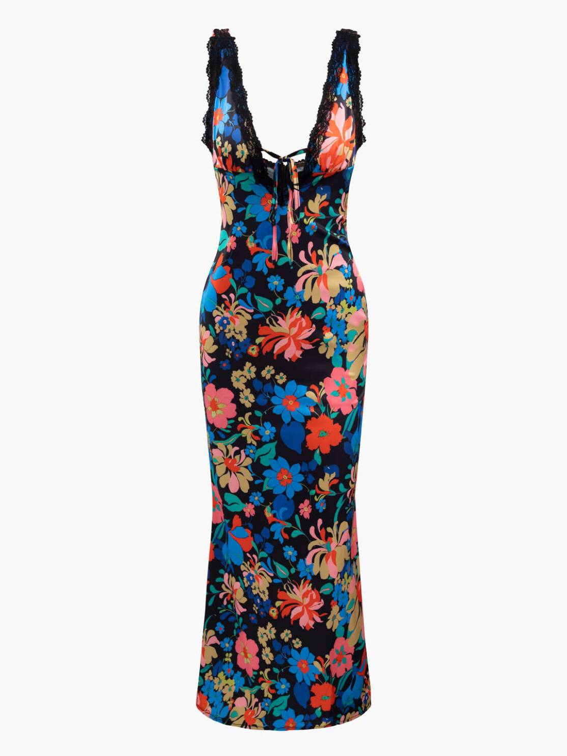 Floral Print Lace Trim V-neck Maxi Dress