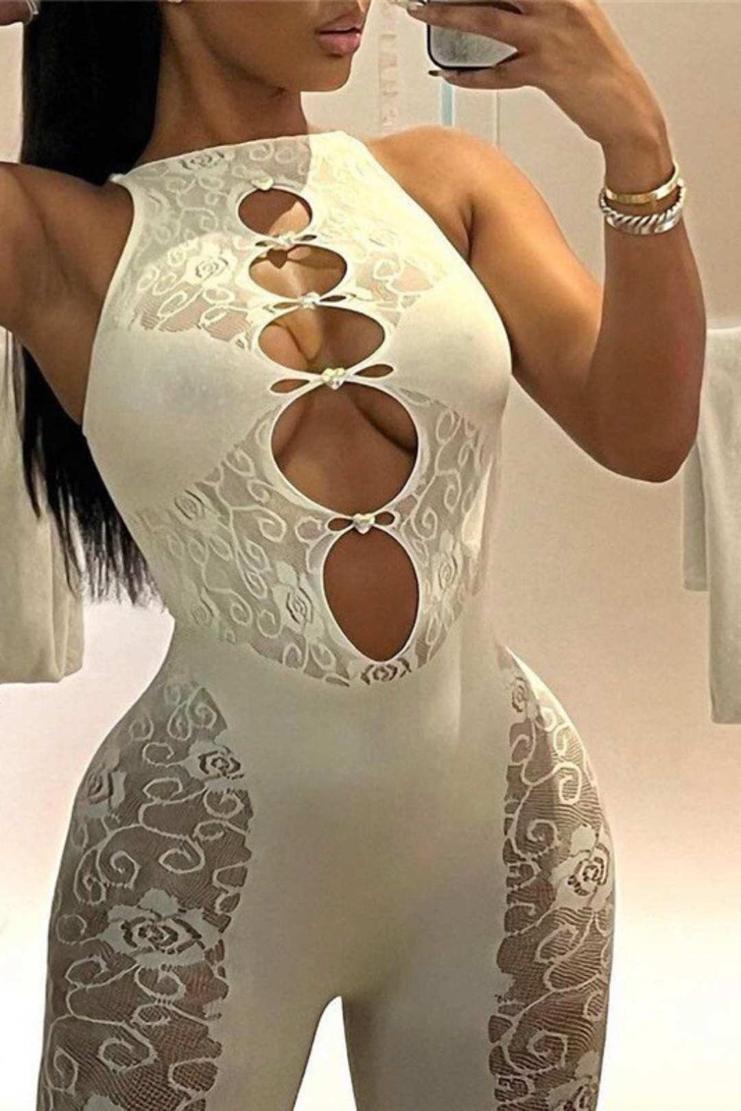 Sleeveless Mesh Hollow See-through Slim Fit Jumpsuit