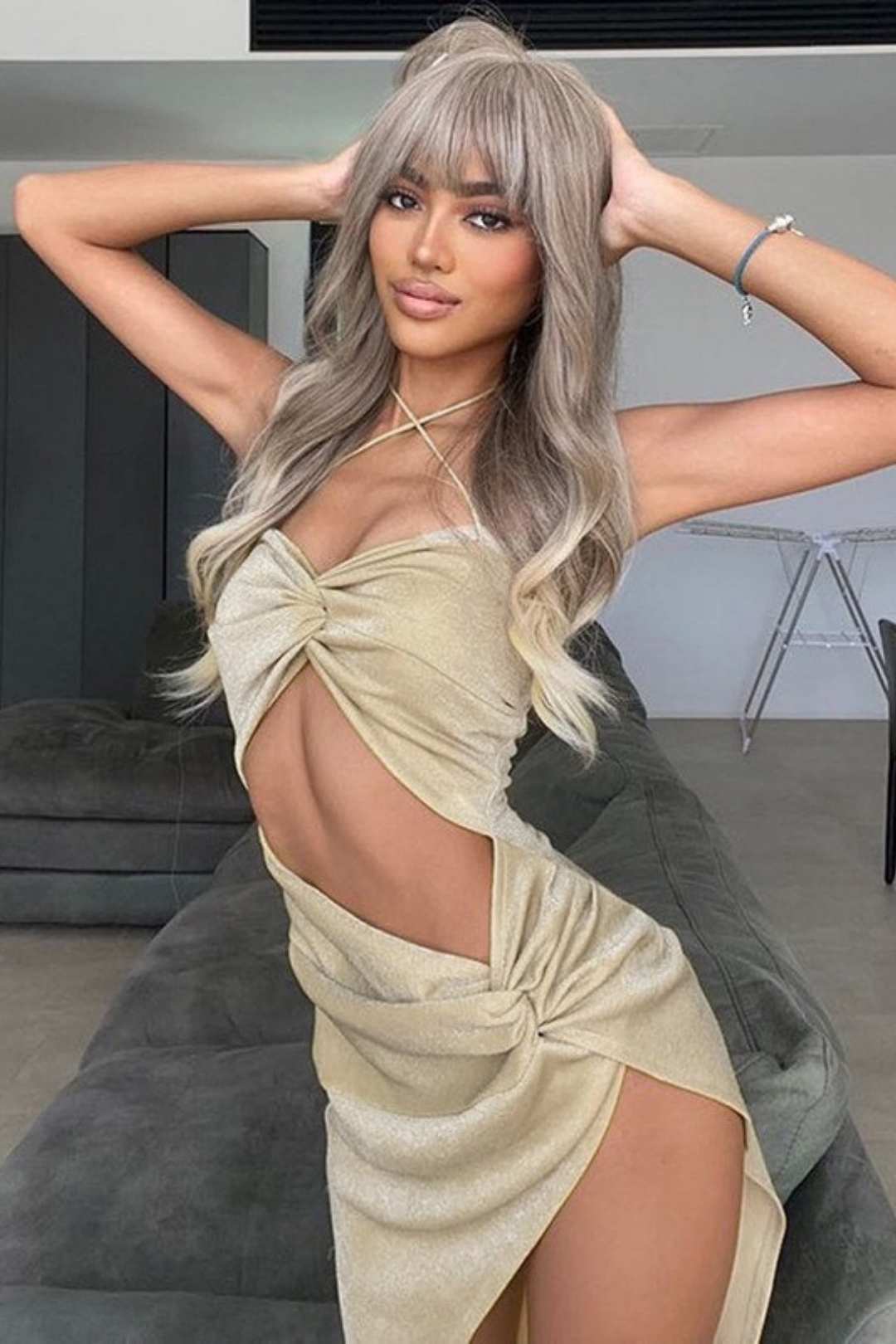 Hottie Style Suspender Cross Hollow Slit Gold And Silver Dress