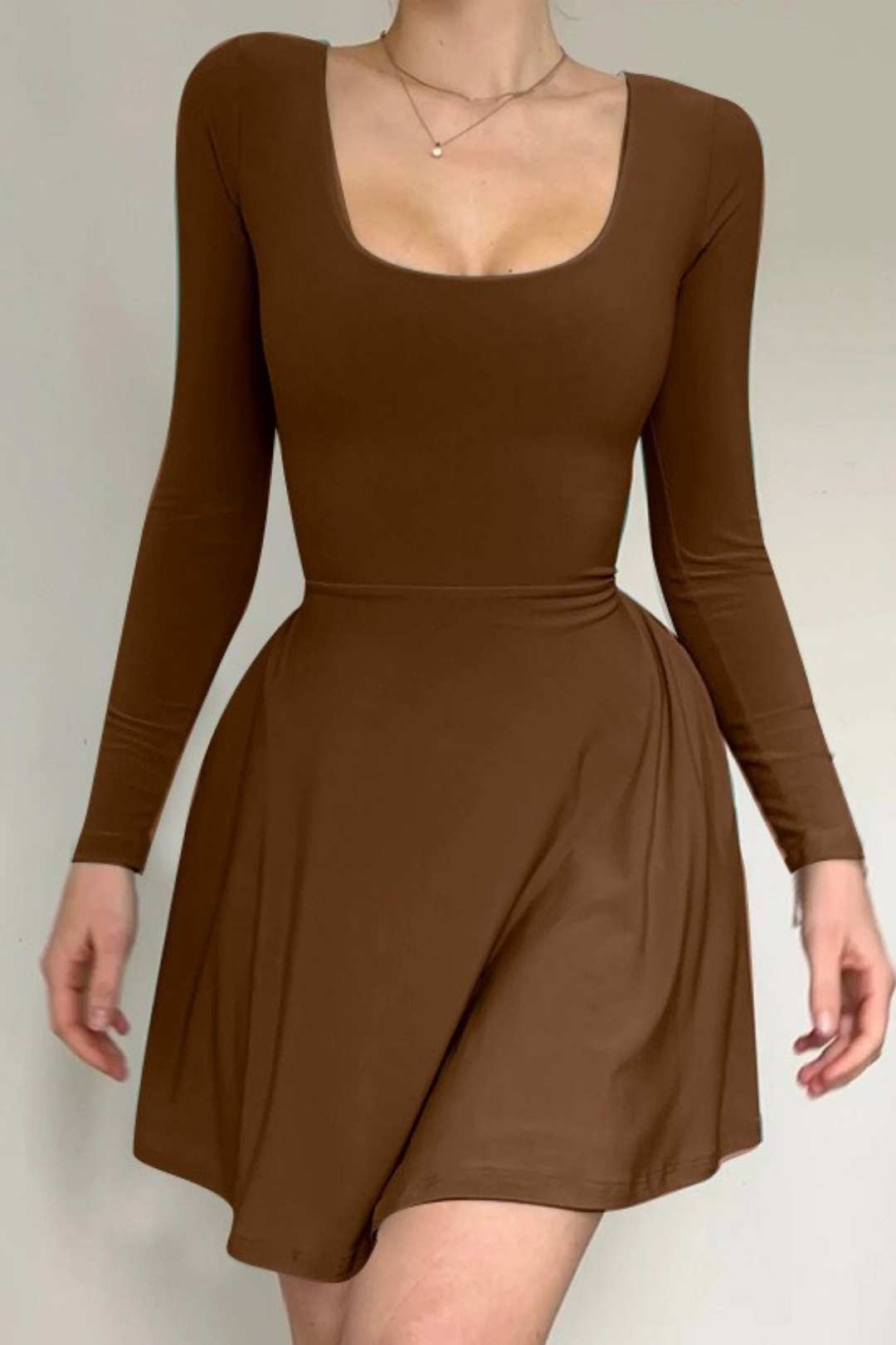 Long-sleeved U-neck A-swing Dress