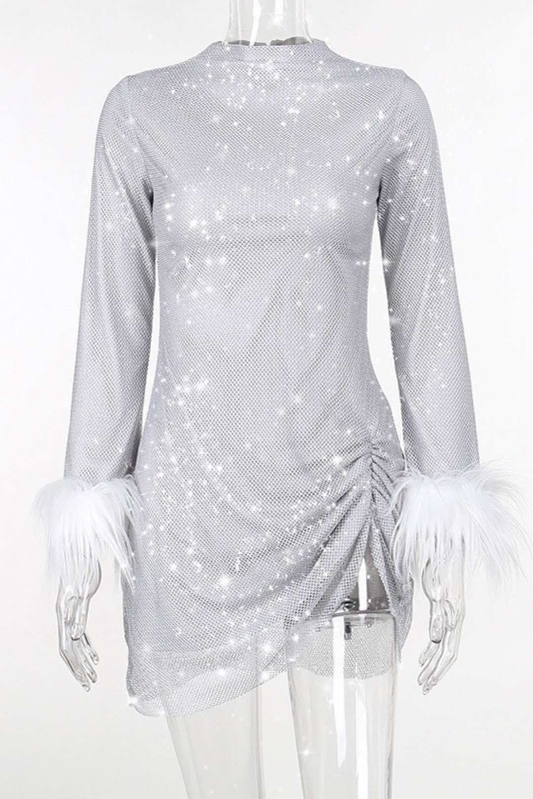 Mesh Furry Cuffs Gathered Slit Dress