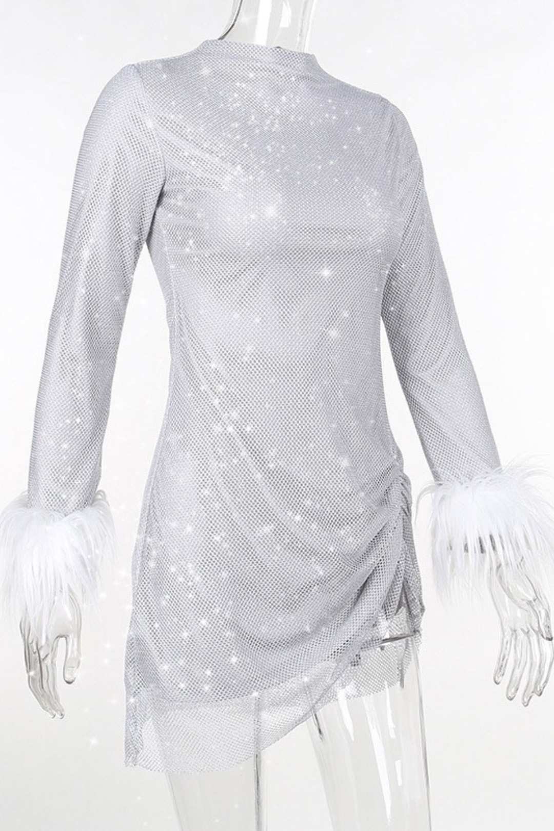 Mesh Furry Cuffs Gathered Slit Dress