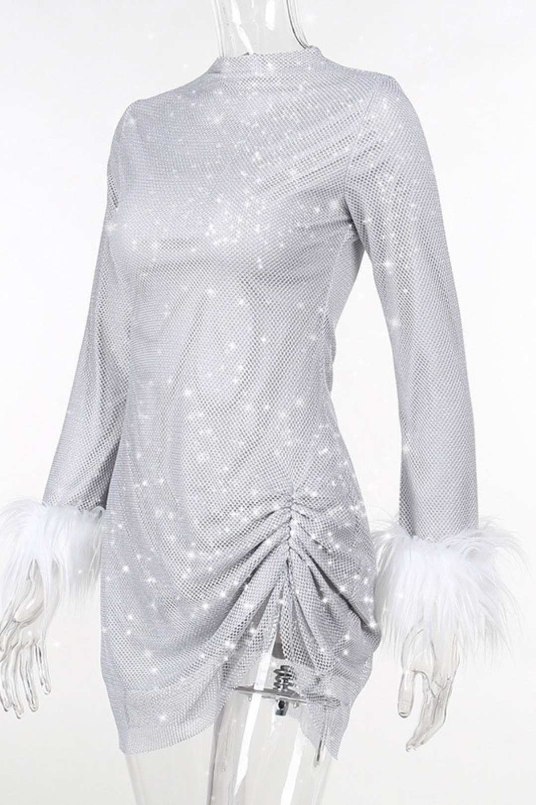 Mesh Furry Cuffs Gathered Slit Dress