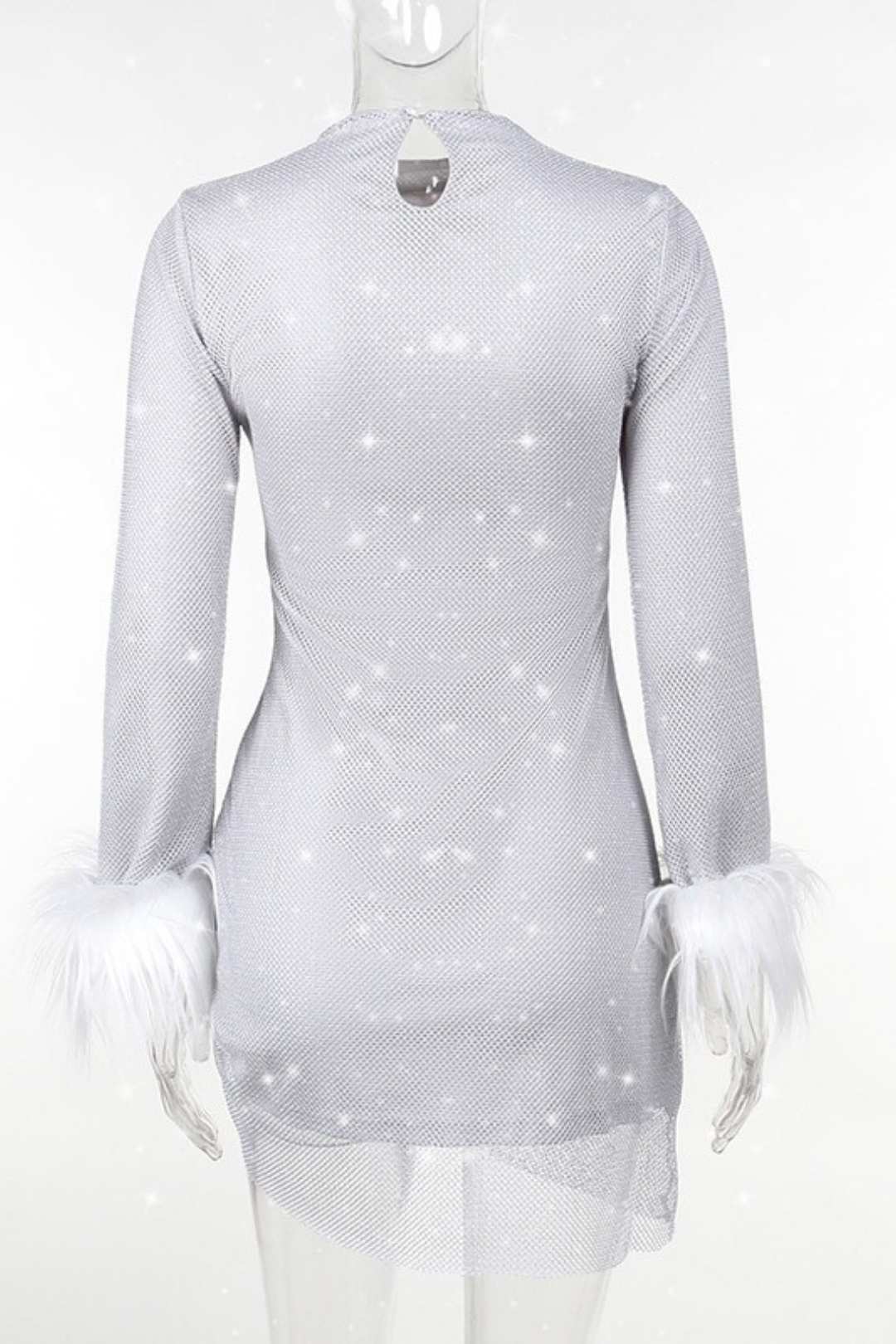 Mesh Furry Cuffs Gathered Slit Dress