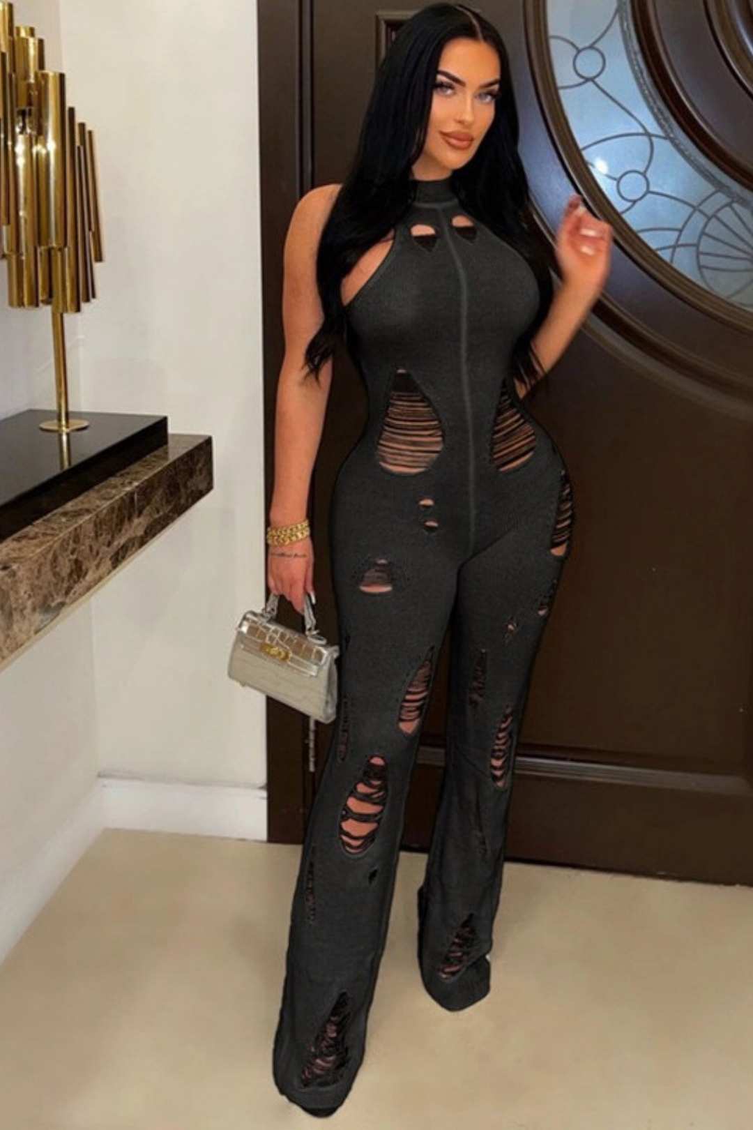 High Collar High Waist Long Jumpsuit