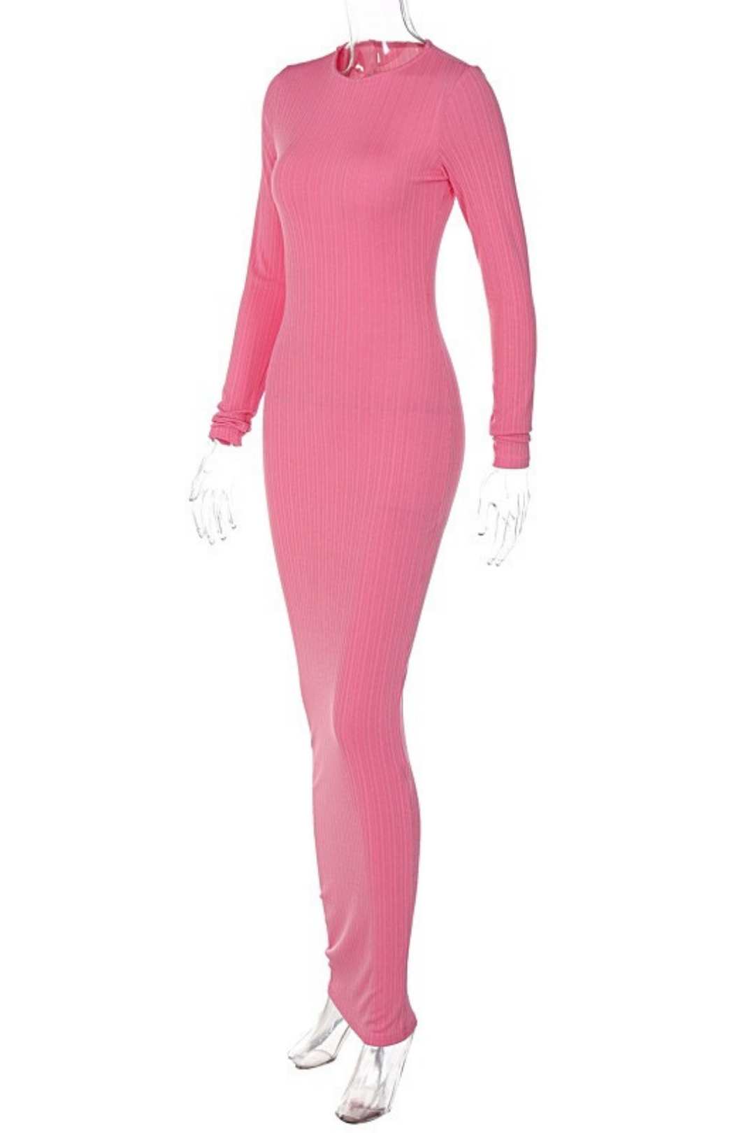 Solid Color Round Neck Long Sleeve Thread Slimming Party Temperament Long Dress