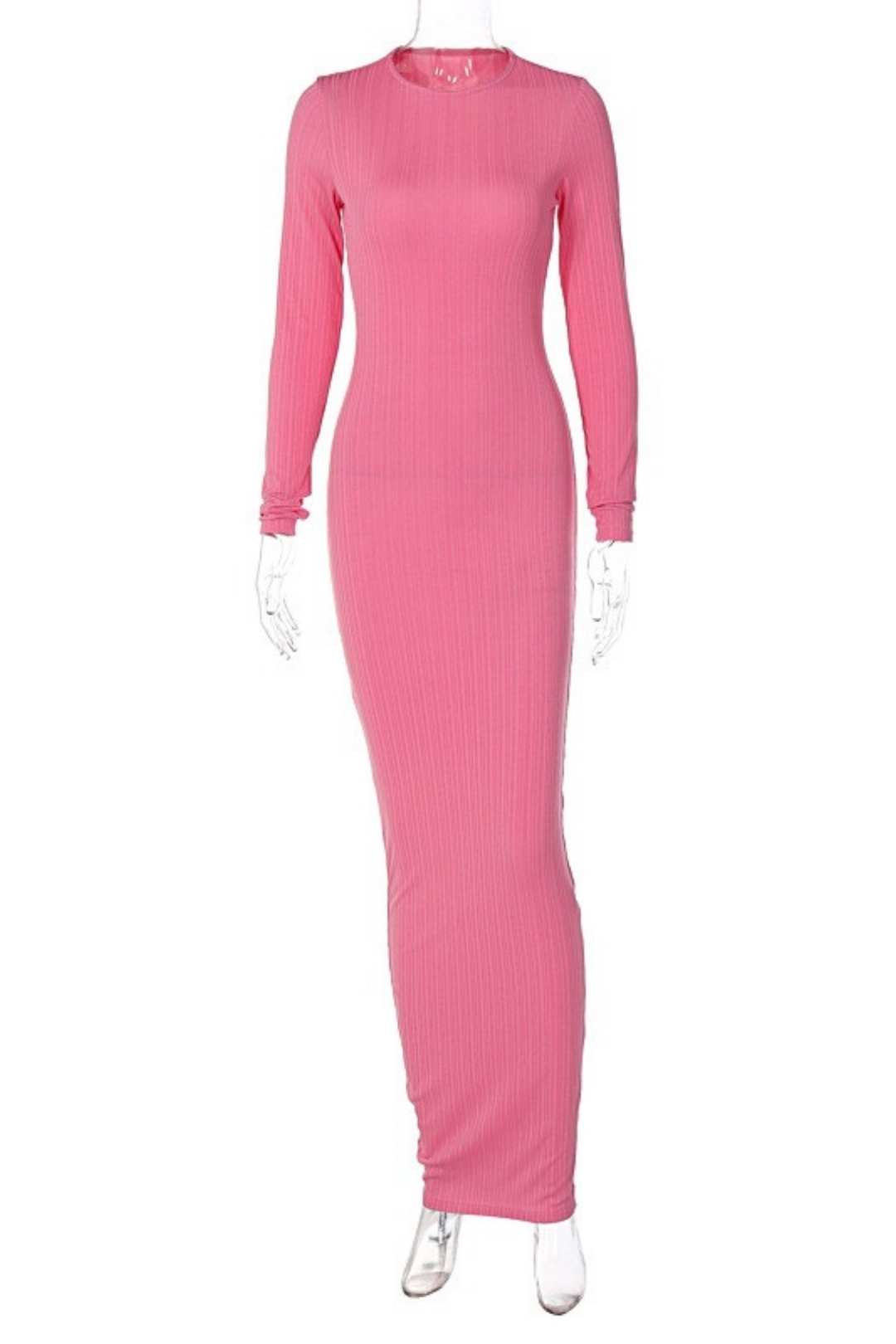 Solid Color Round Neck Long Sleeve Thread Slimming Party Temperament Long Dress