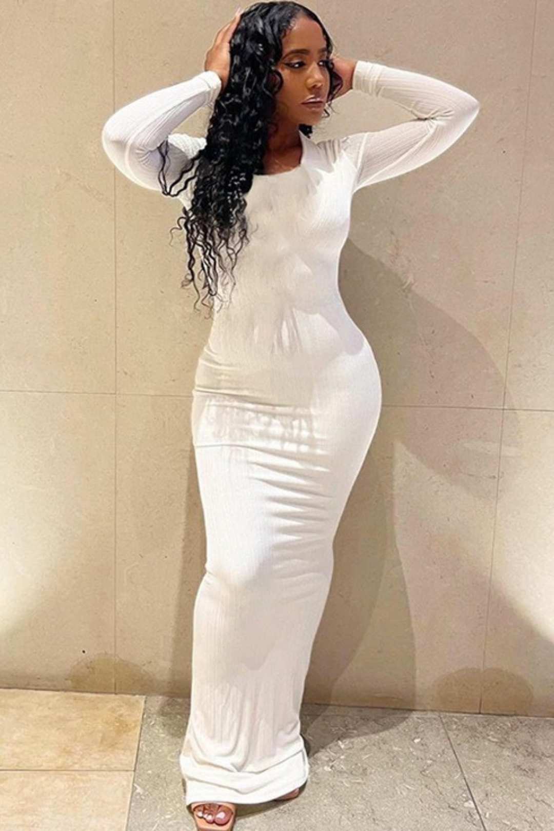 Solid Color Round Neck Long Sleeve Thread Slimming Party Temperament Long Dress