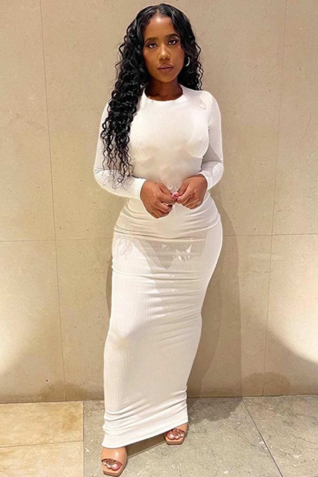 Solid Color Round Neck Long Sleeve Thread Slimming Party Temperament Long Dress