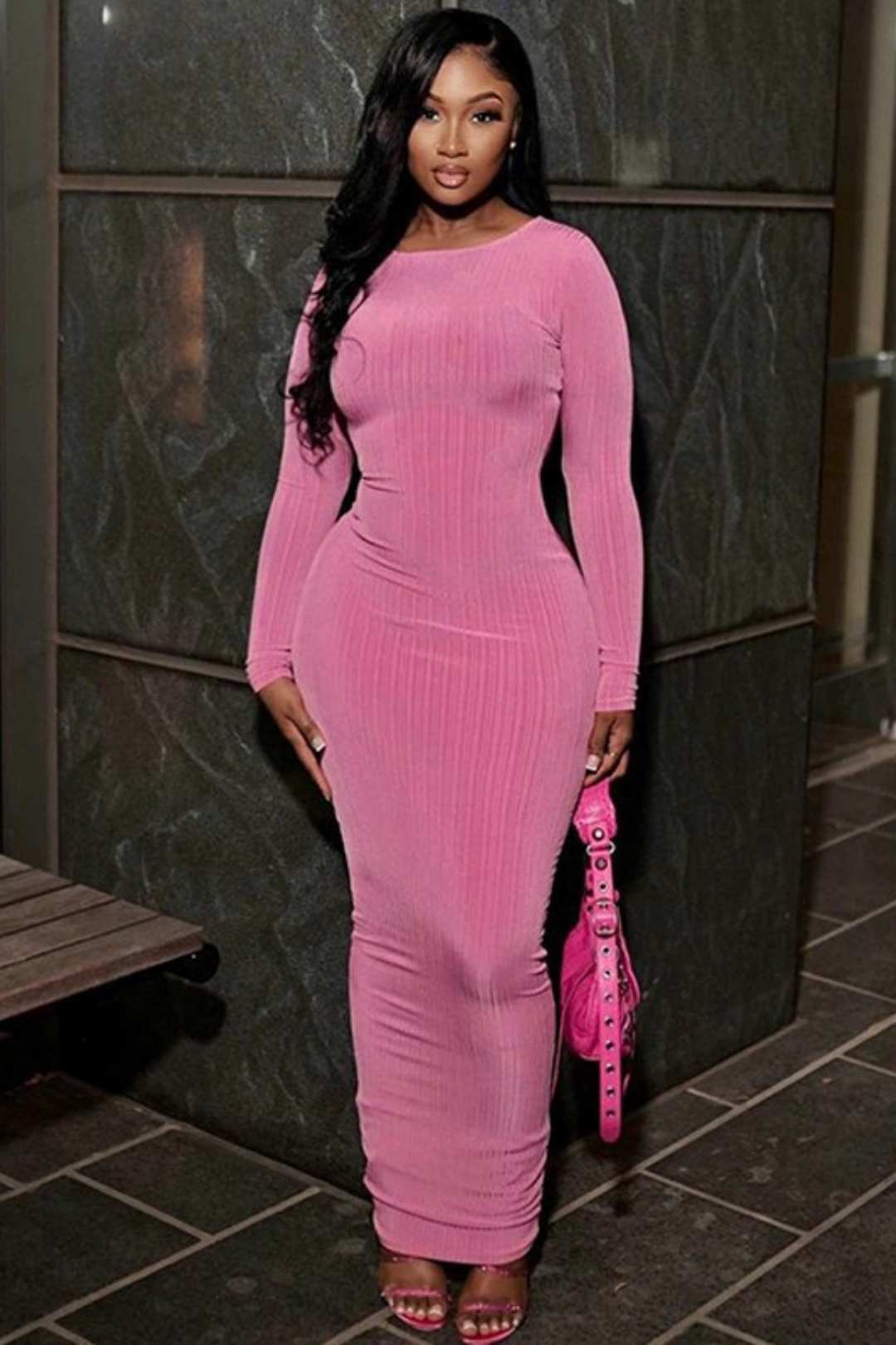 Solid Color Round Neck Long Sleeve Thread Slimming Party Temperament Long Dress