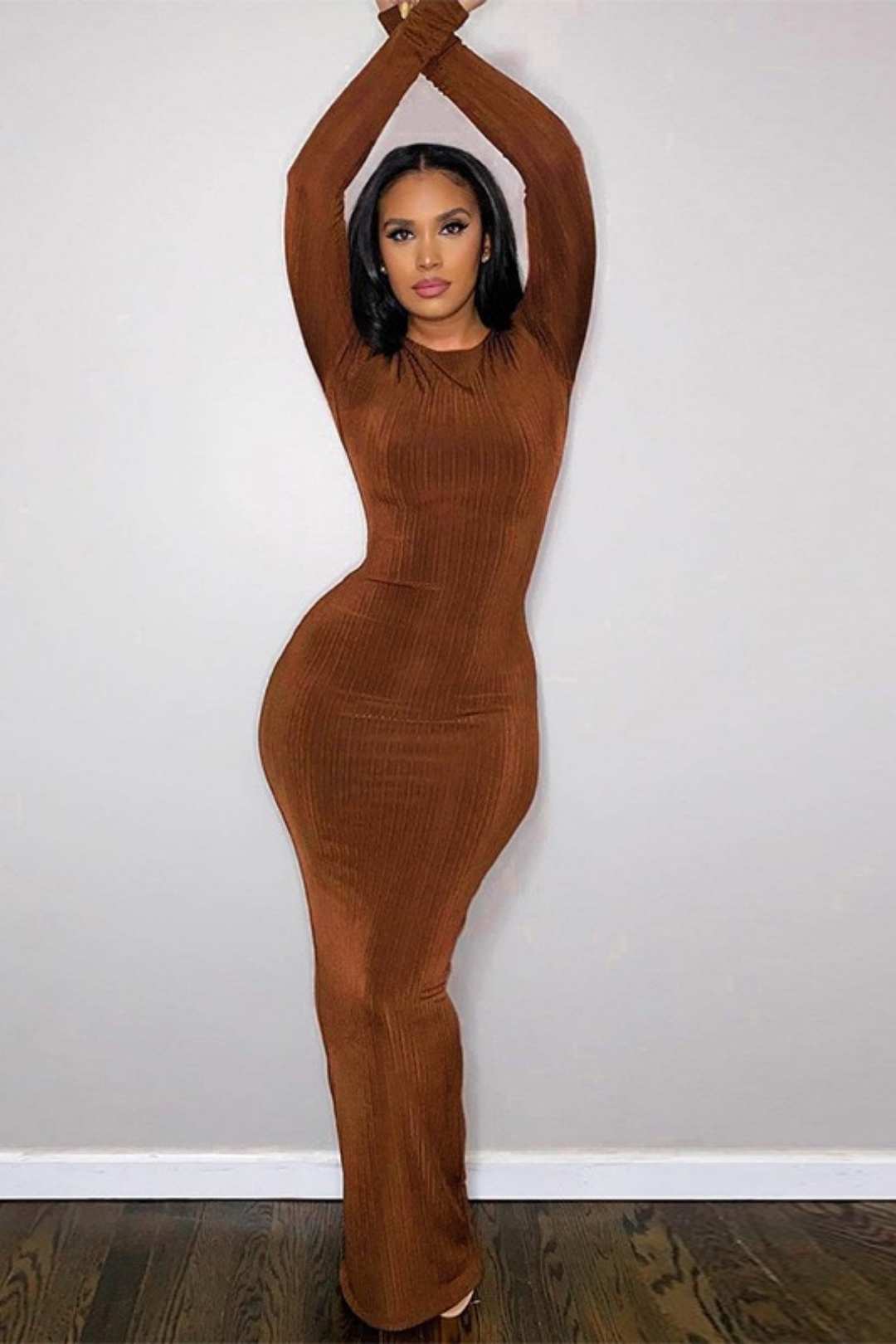 Solid Color Round Neck Long Sleeve Thread Slimming Party Temperament Long Dress