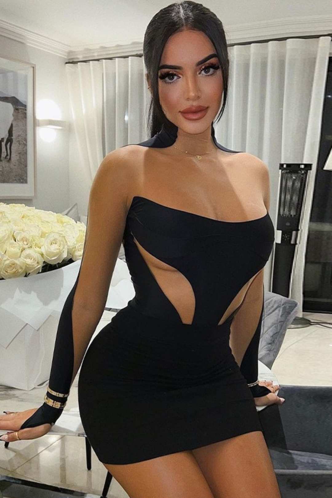 Hot Girl Long-sleeved Stitching Sexy Fashion Hip-hugging Dress