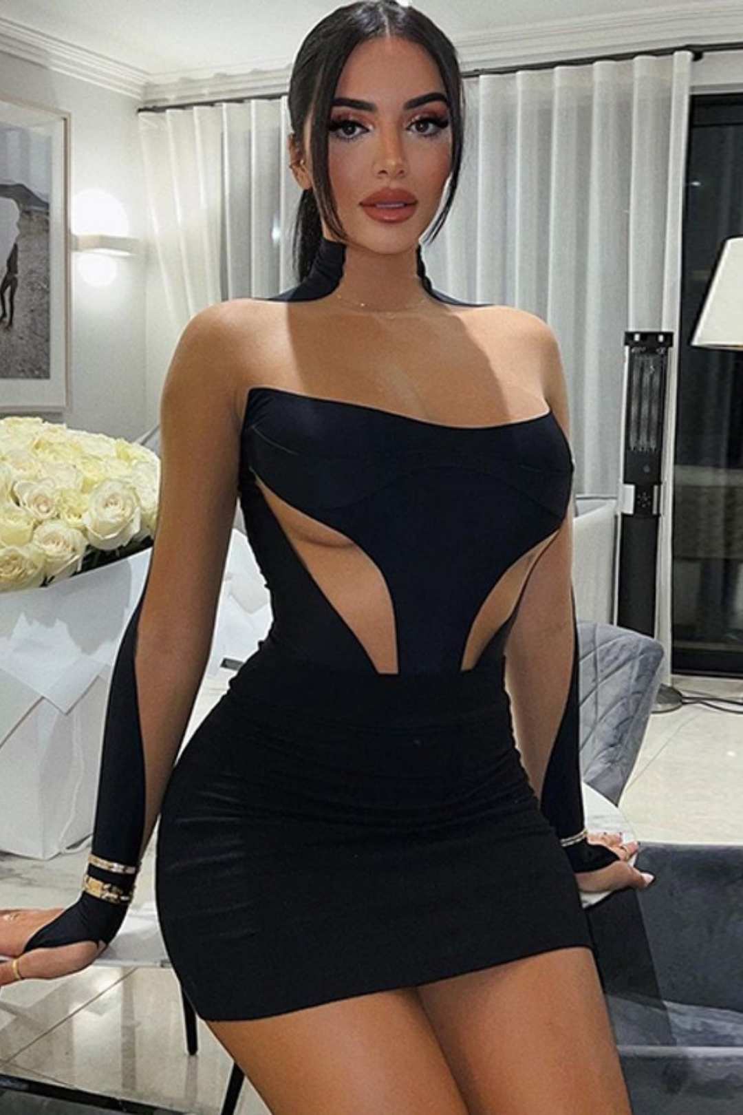 Hot Girl Long-sleeved Stitching Sexy Fashion Hip-hugging Dress