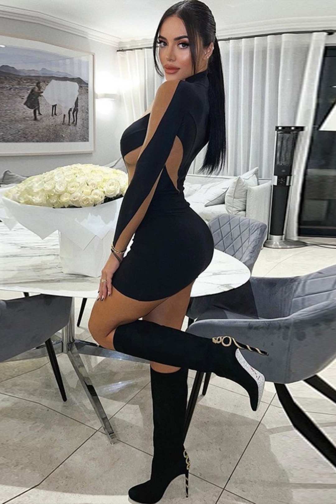 Hot Girl Long-sleeved Stitching Sexy Fashion Hip-hugging Dress