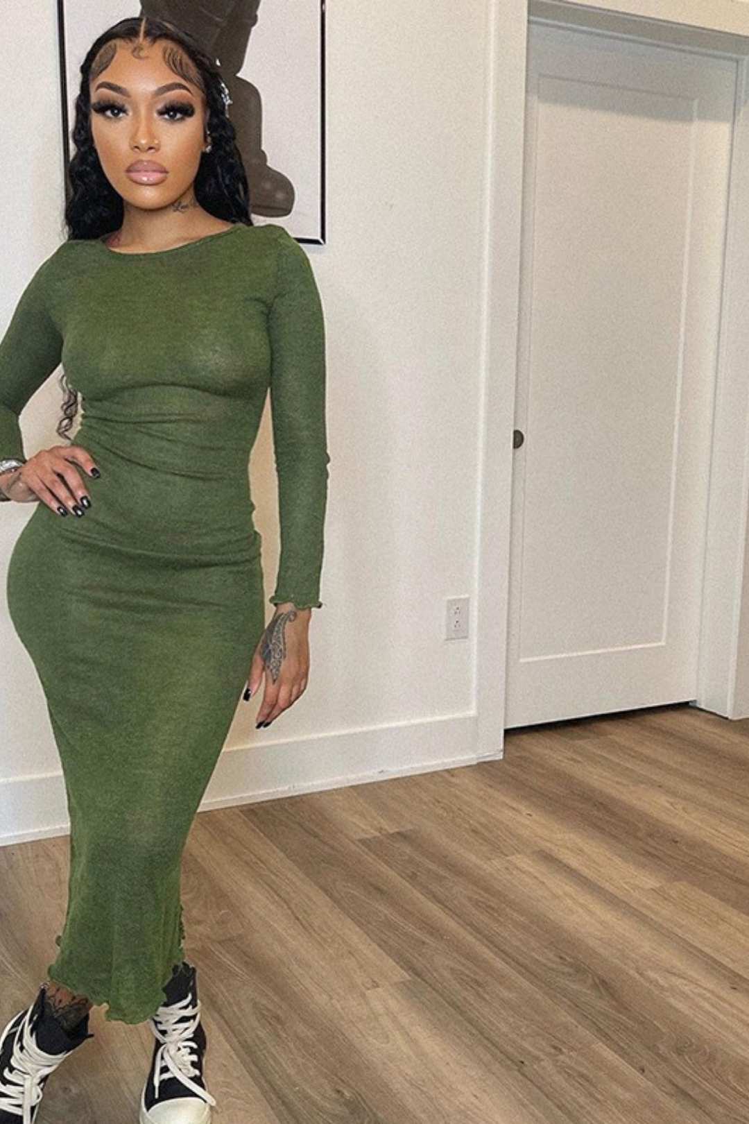 Long Sleeve Wave Edge Basic Casual Dress