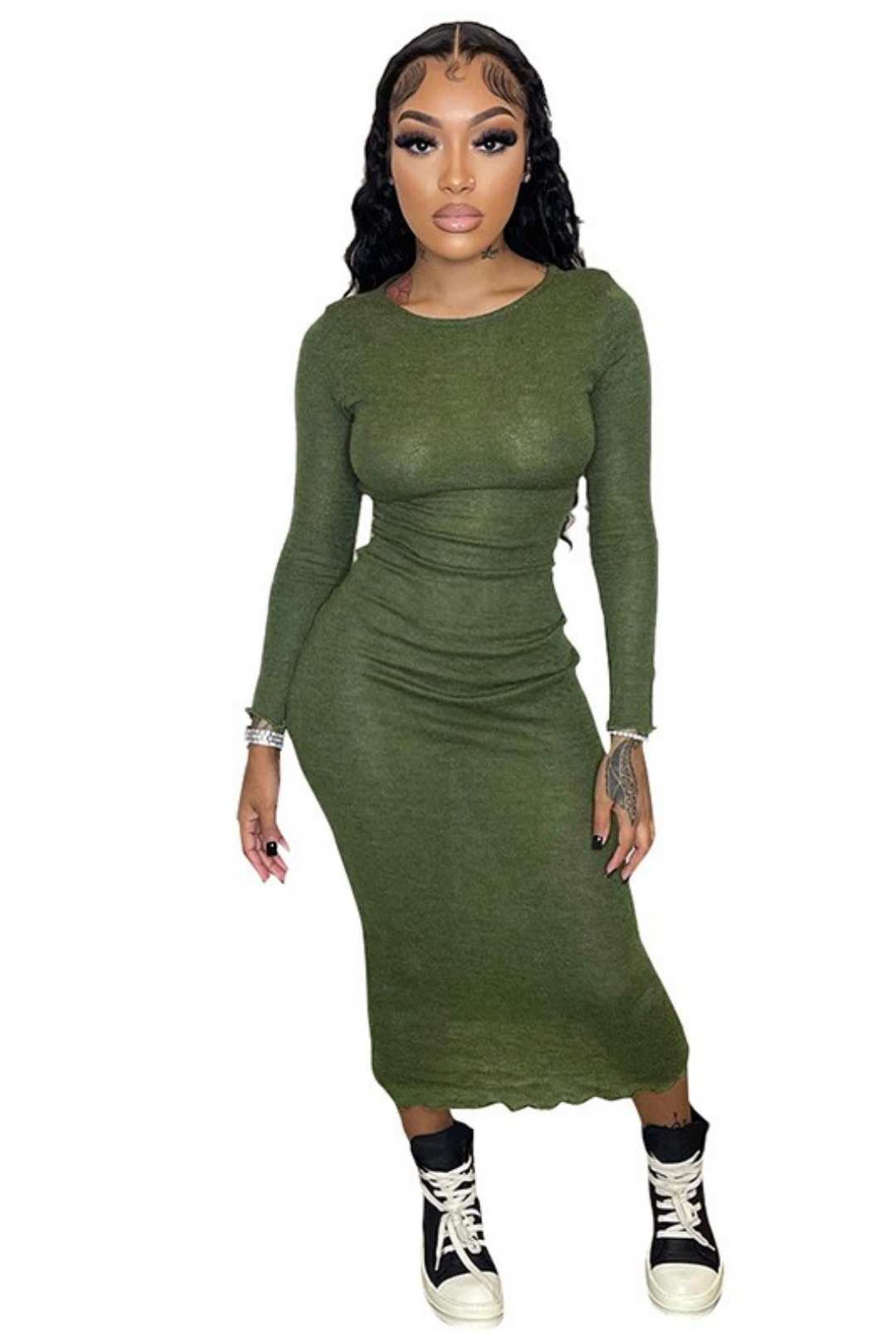 Long Sleeve Wave Edge Basic Casual Dress