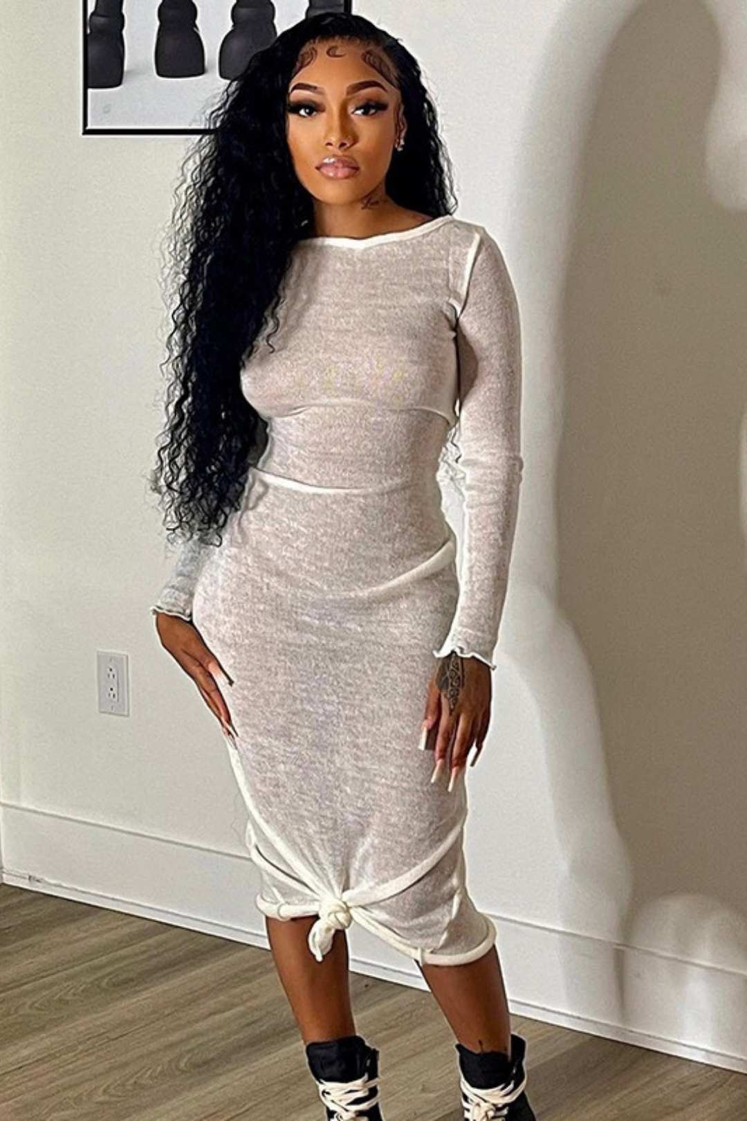 Long Sleeve Wave Edge Basic Casual Dress