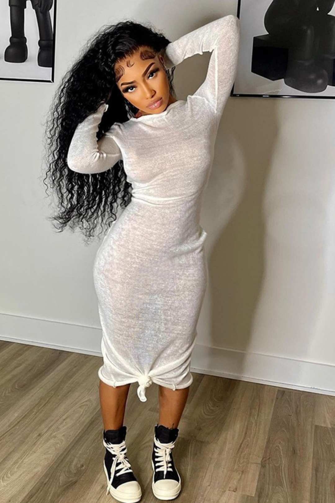 Long Sleeve Wave Edge Basic Casual Dress