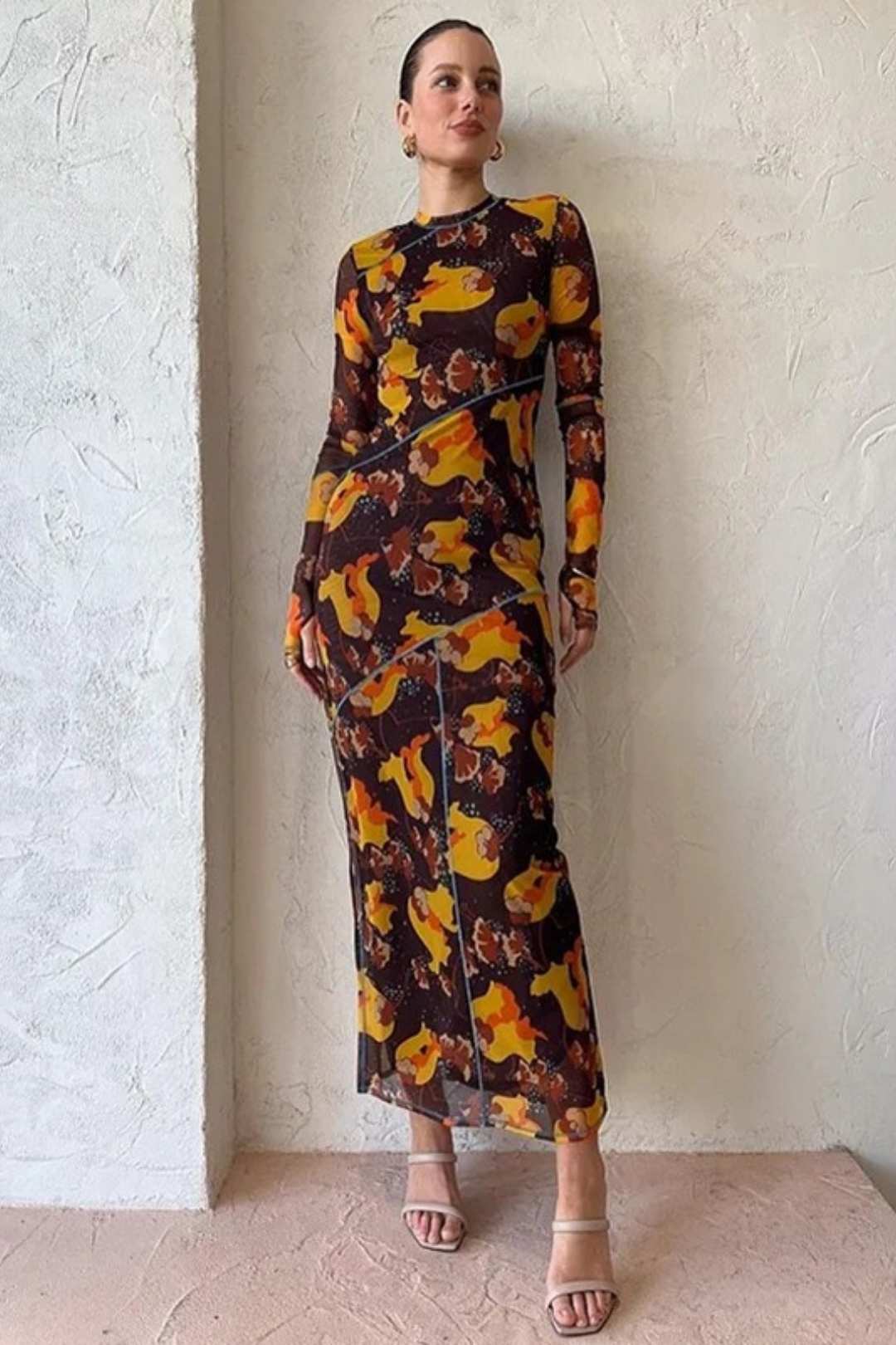 Sexy Long-sleeved Floral French Slit Dress