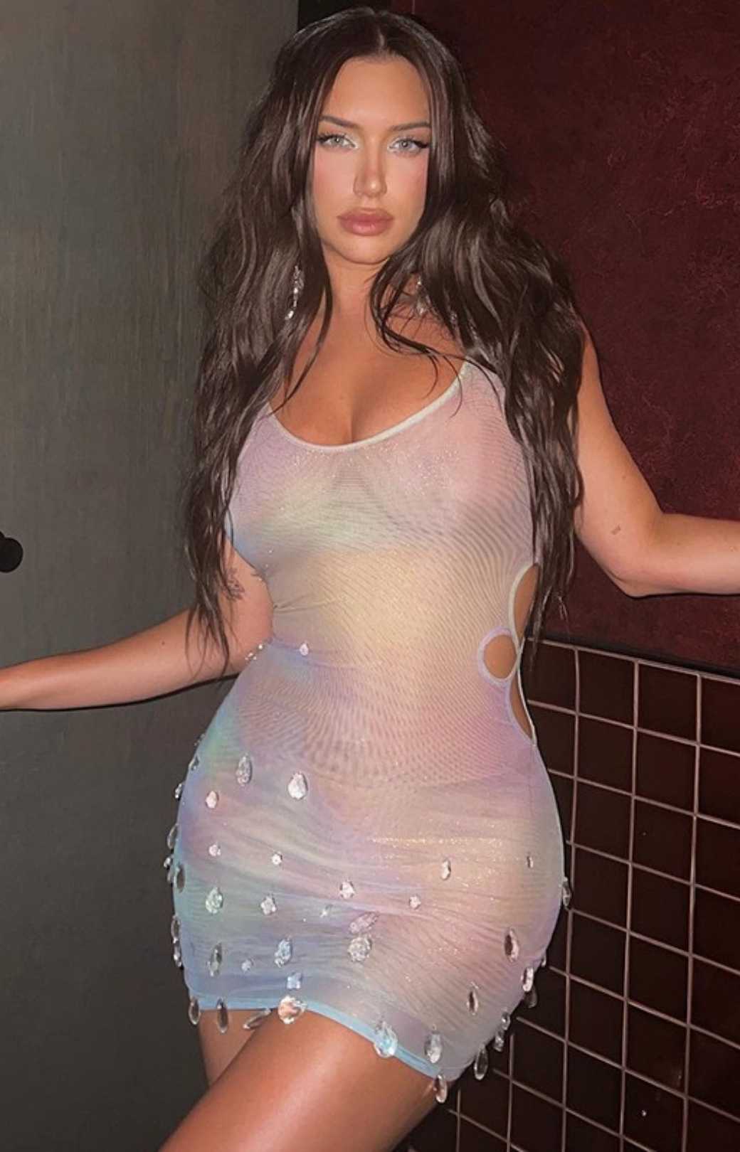 Sexy See-through Mesh Side Hollow Diamond Suspender High Waist Dress