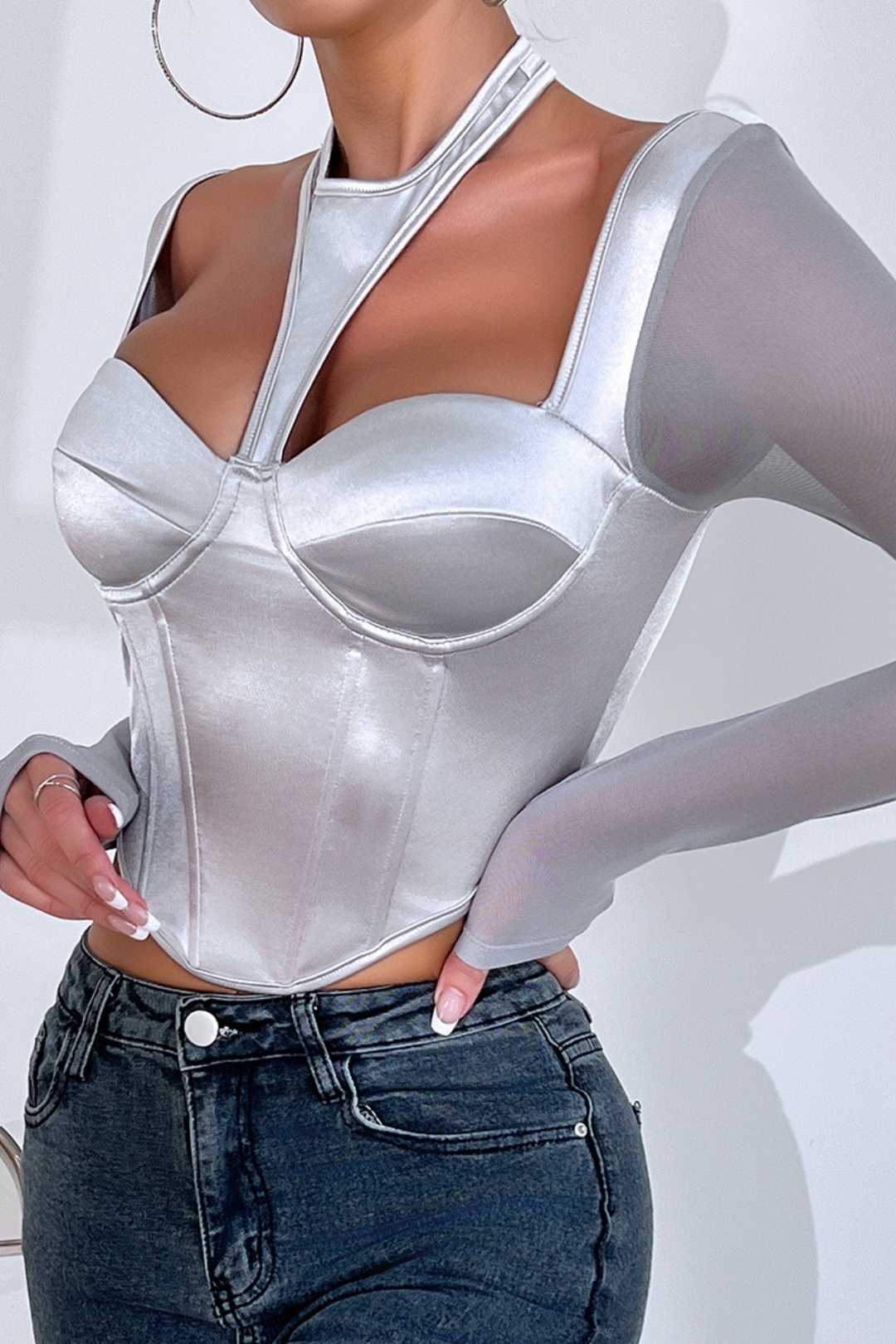 Sexy See-through Mesh Splicing Halter Neck Long-sleeved Top