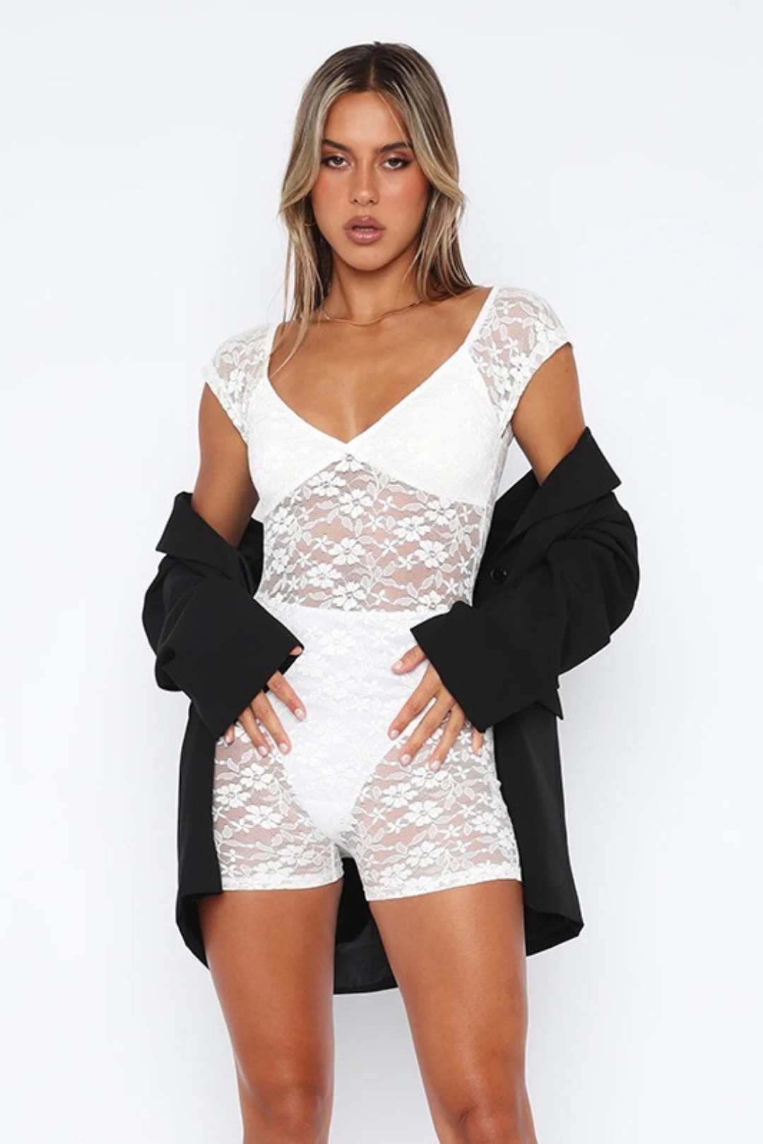 Fitting See-through Embroidered Short Jumpsuit