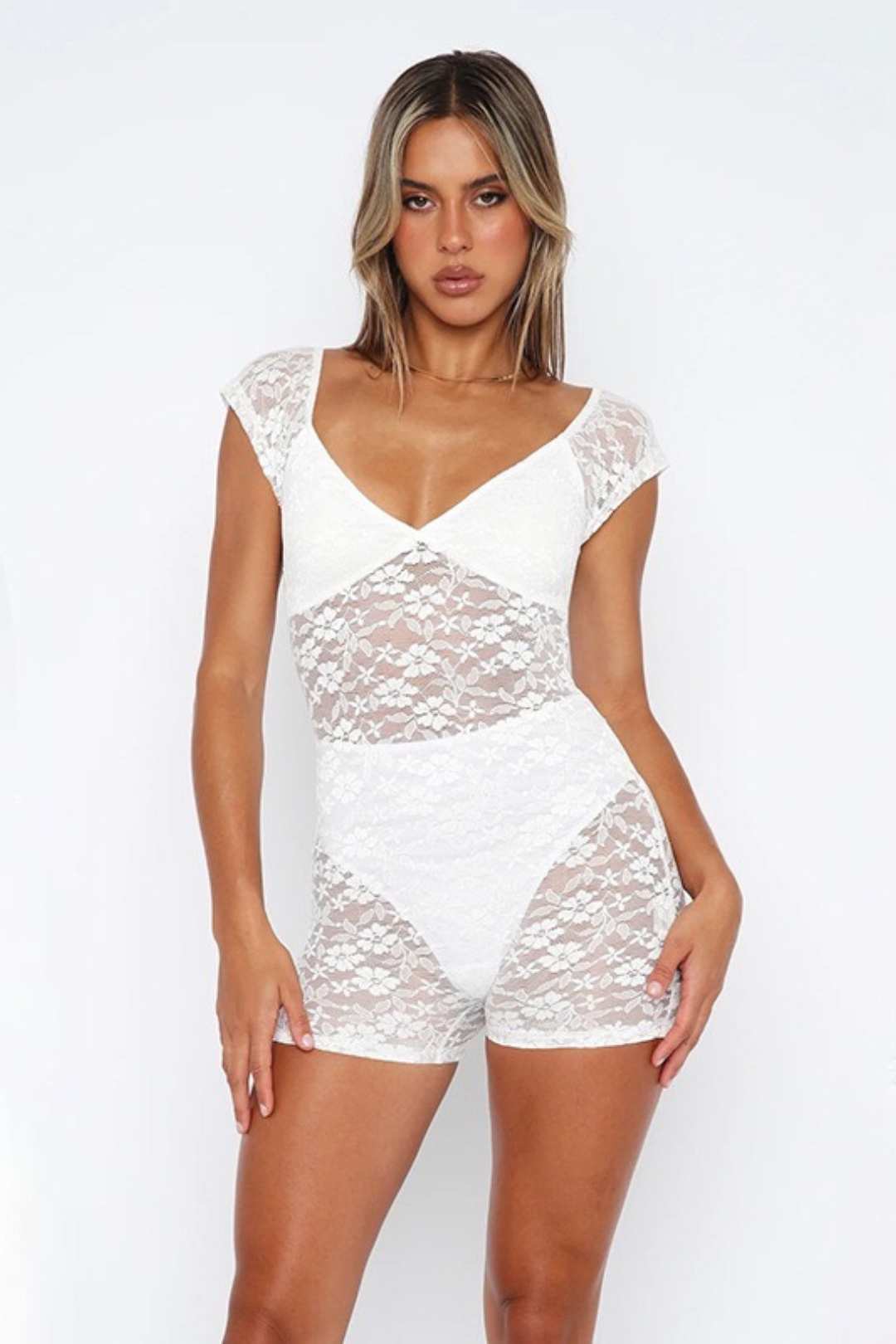Fitting See-through Embroidered Short Jumpsuit