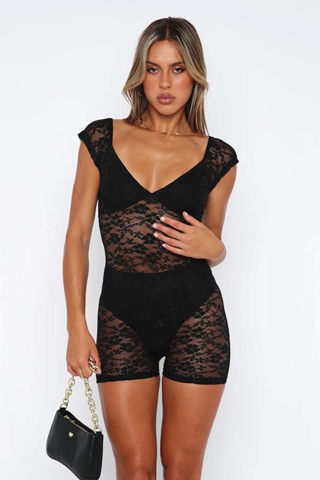 Fitting See-through Embroidered Short Jumpsuit