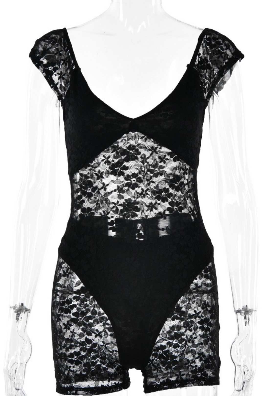 Fitting See-through Embroidered Short Jumpsuit