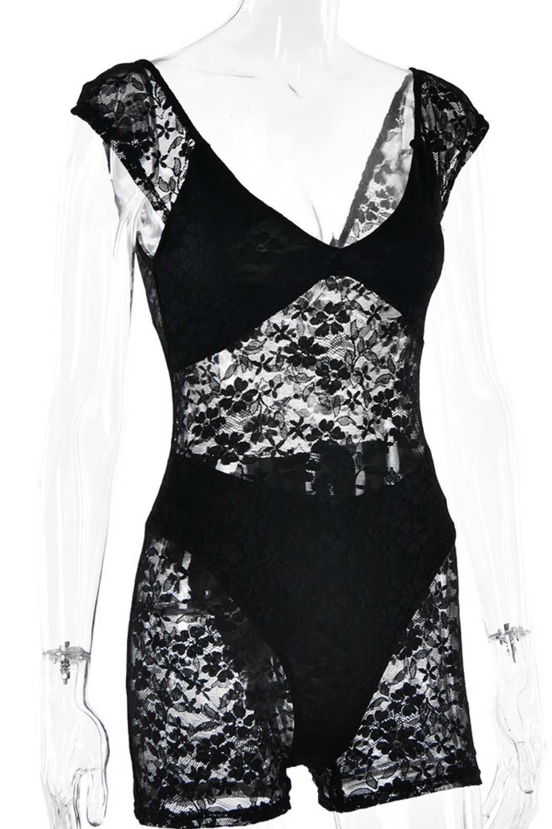 Fitting See-through Embroidered Short Jumpsuit