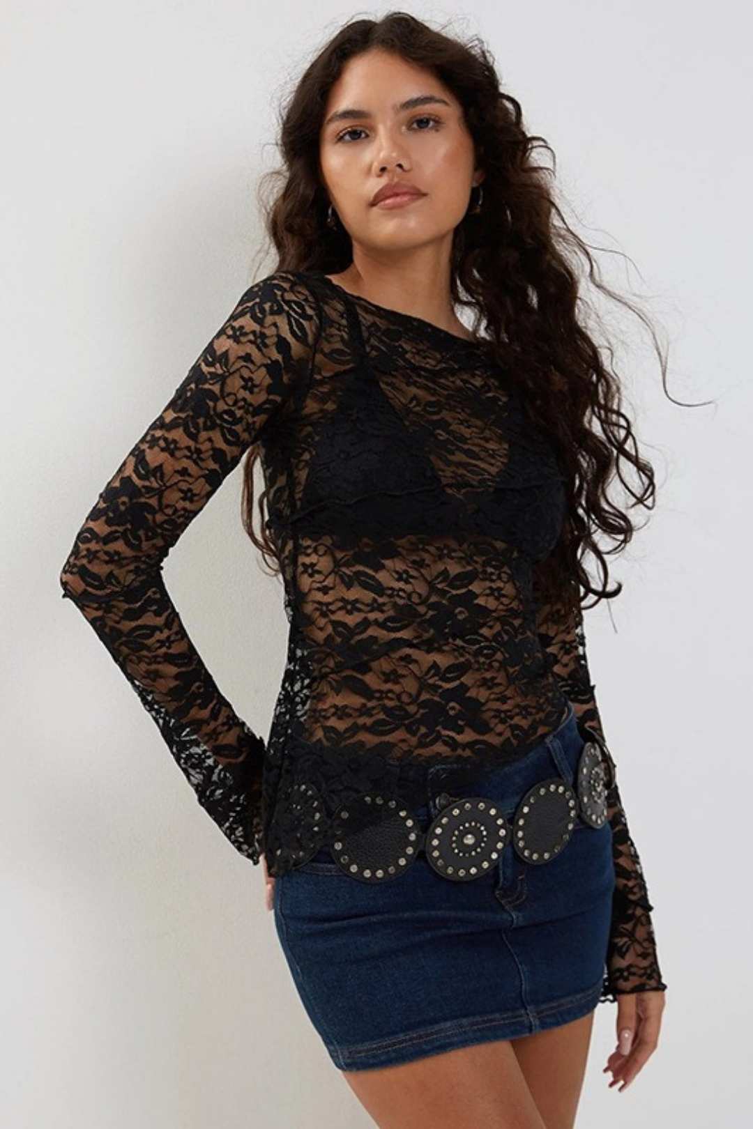 Sexy Slim See-through Lace Bell Sleeve Top