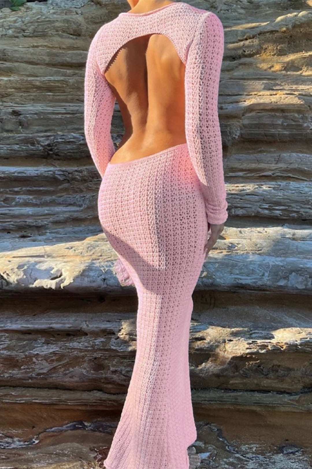 Sexy Hollow Backless Mesh Long-sleeved Pure Desire Long Dress