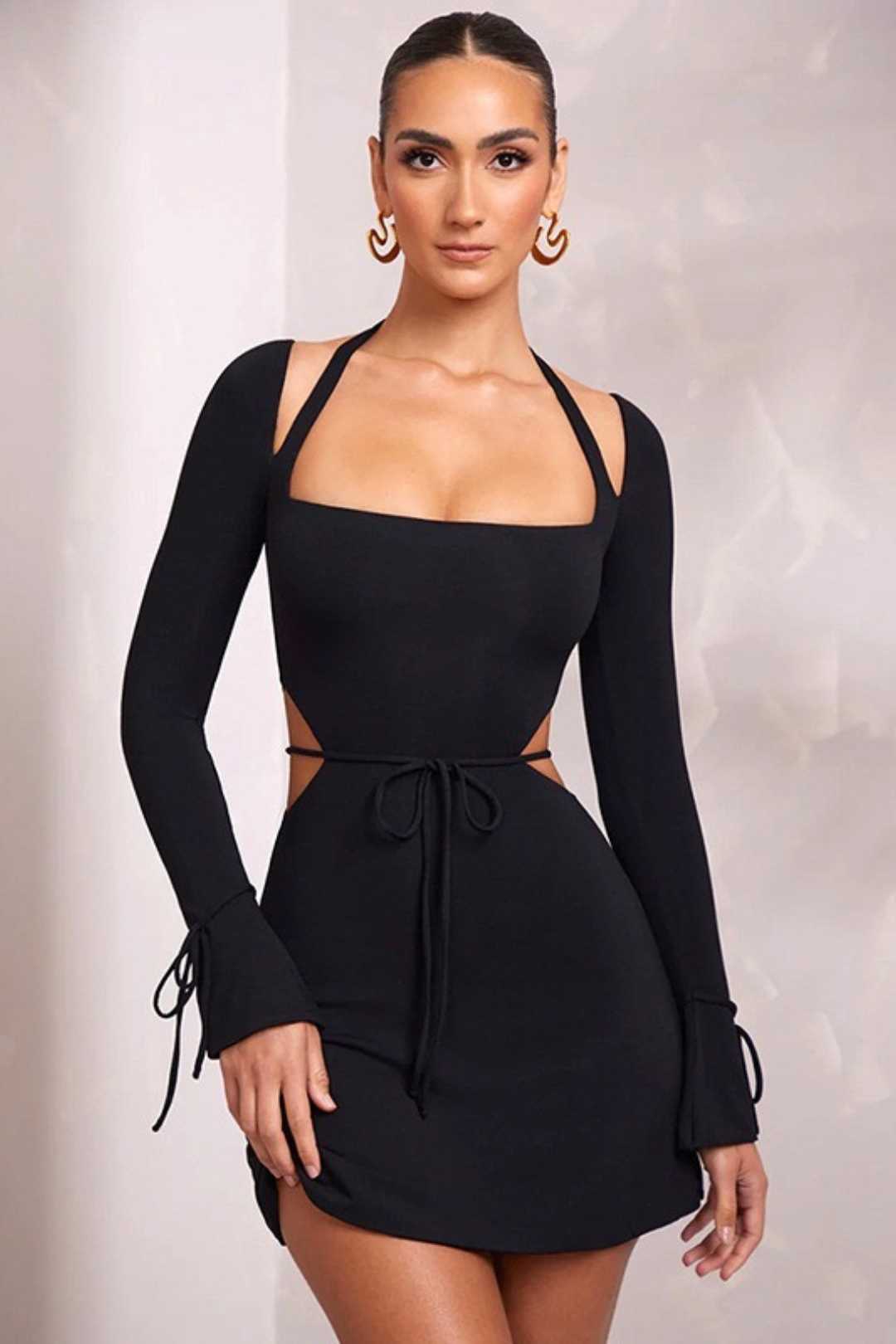 New Long-sleeved Square Neck Bell Sleeve Strap Hot Girl Dress