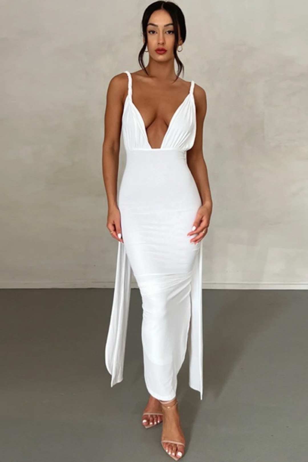 Deep V Backless Pleated Slit Dress