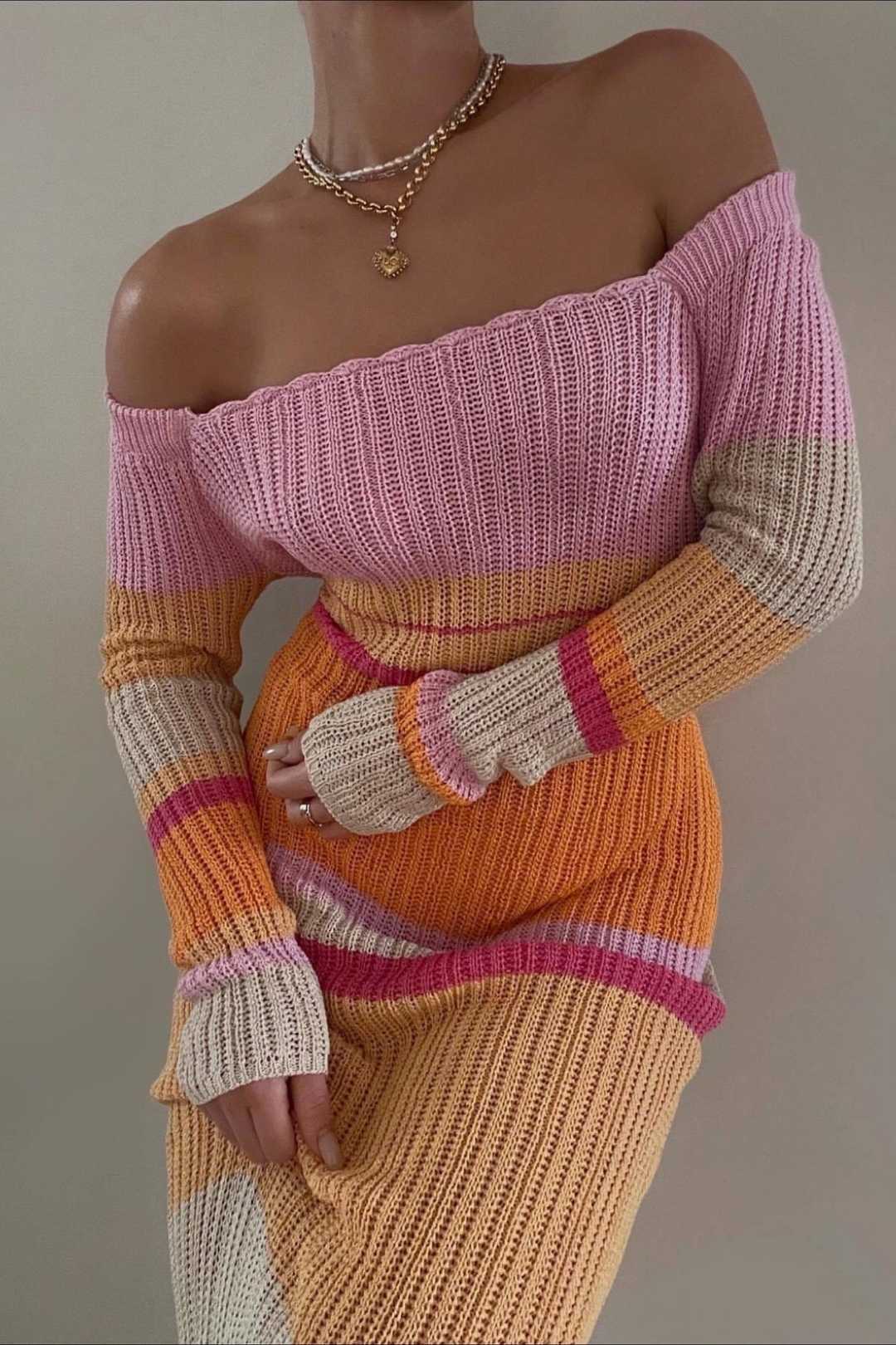 Long Sleeve Knitted Striped Dress