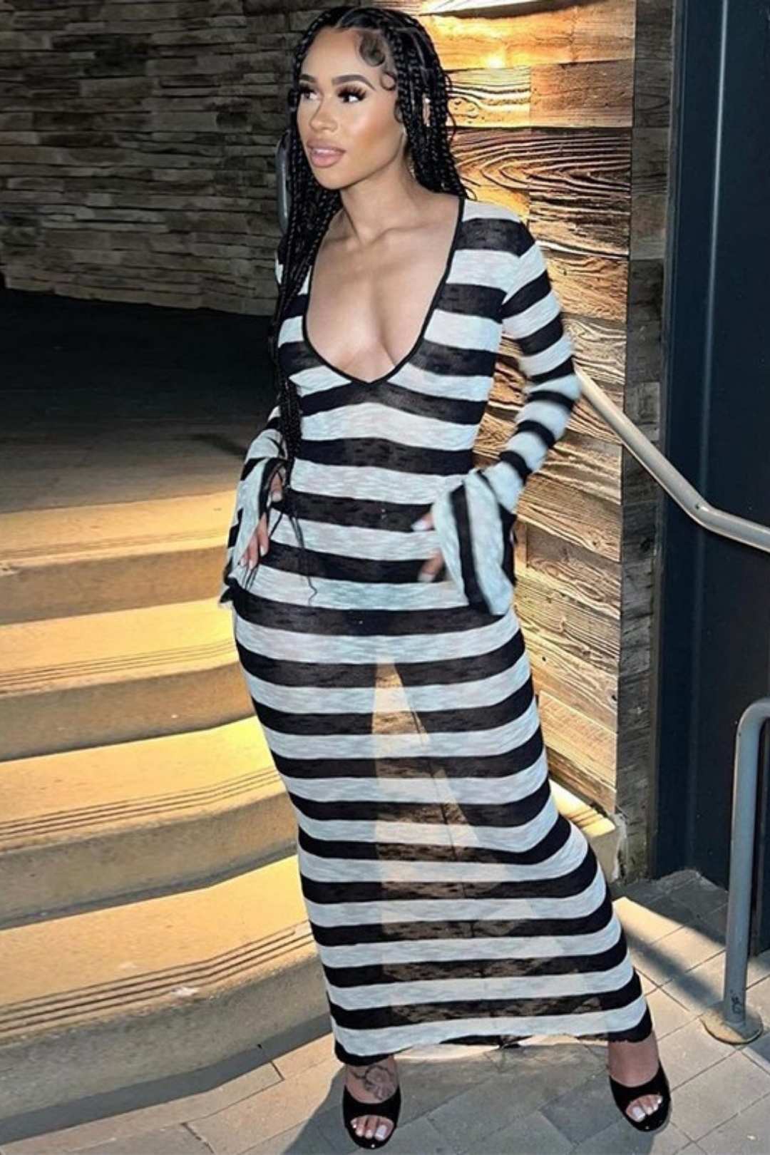 Sexy Long-sleeved Striped Print Dress